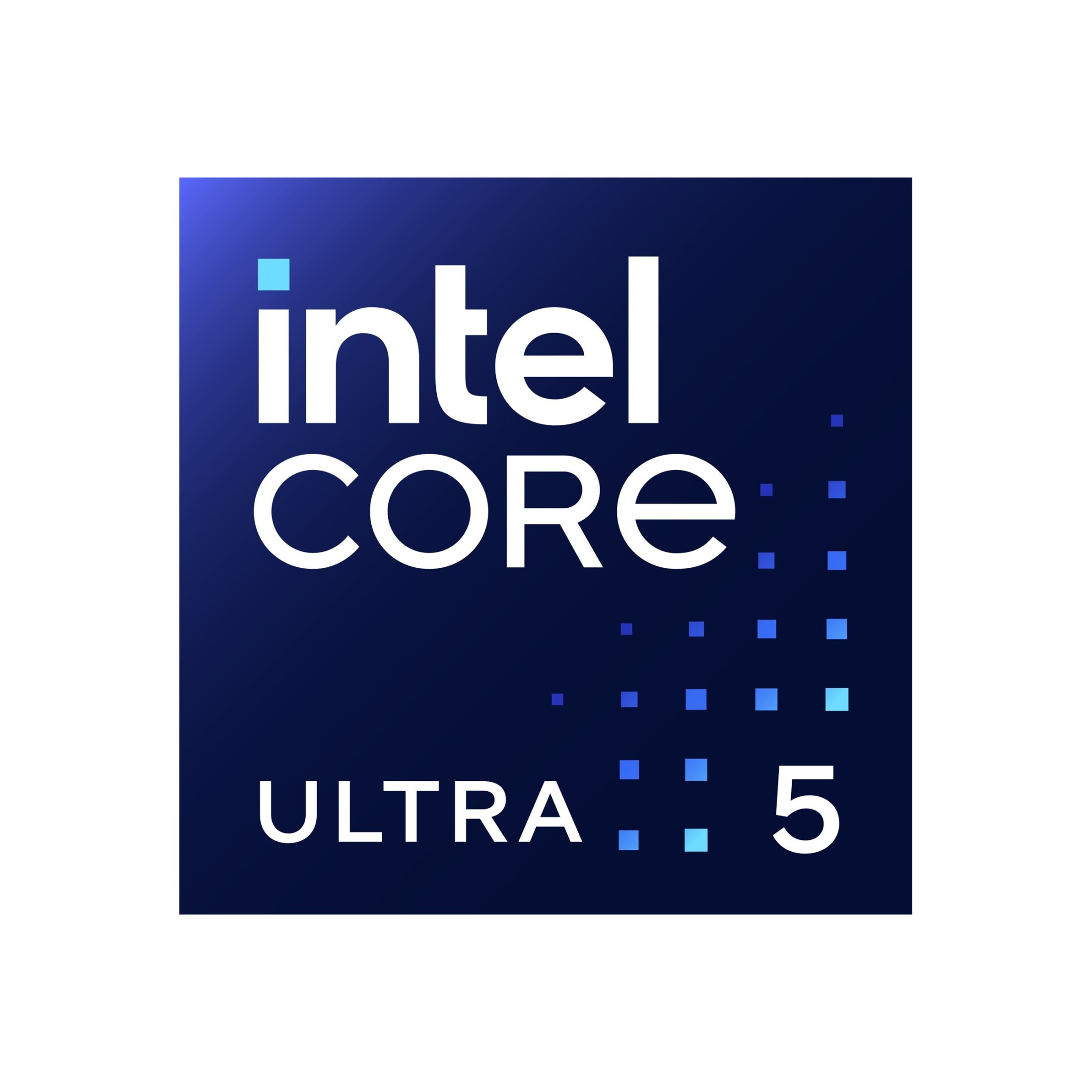 Logo Intel Core Ultra 5 na granatowym kwadracie z białym tekstem i niebieskimi kwadratami.