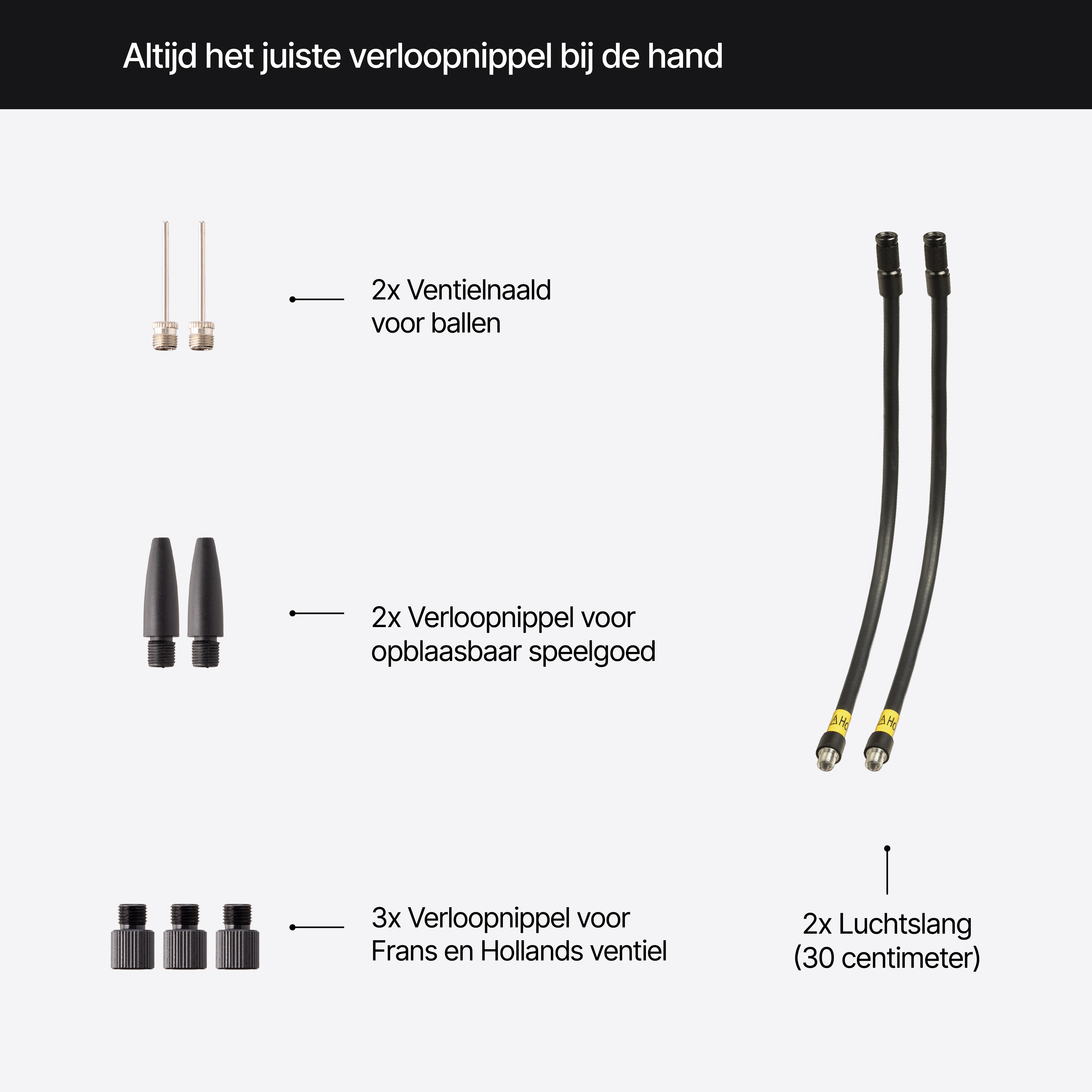 Afbeelding toont verschillende adapters om objecten op te blazen: naalden, mondstukken en slangen. De tekst beschrijft type en hoeveelheid.