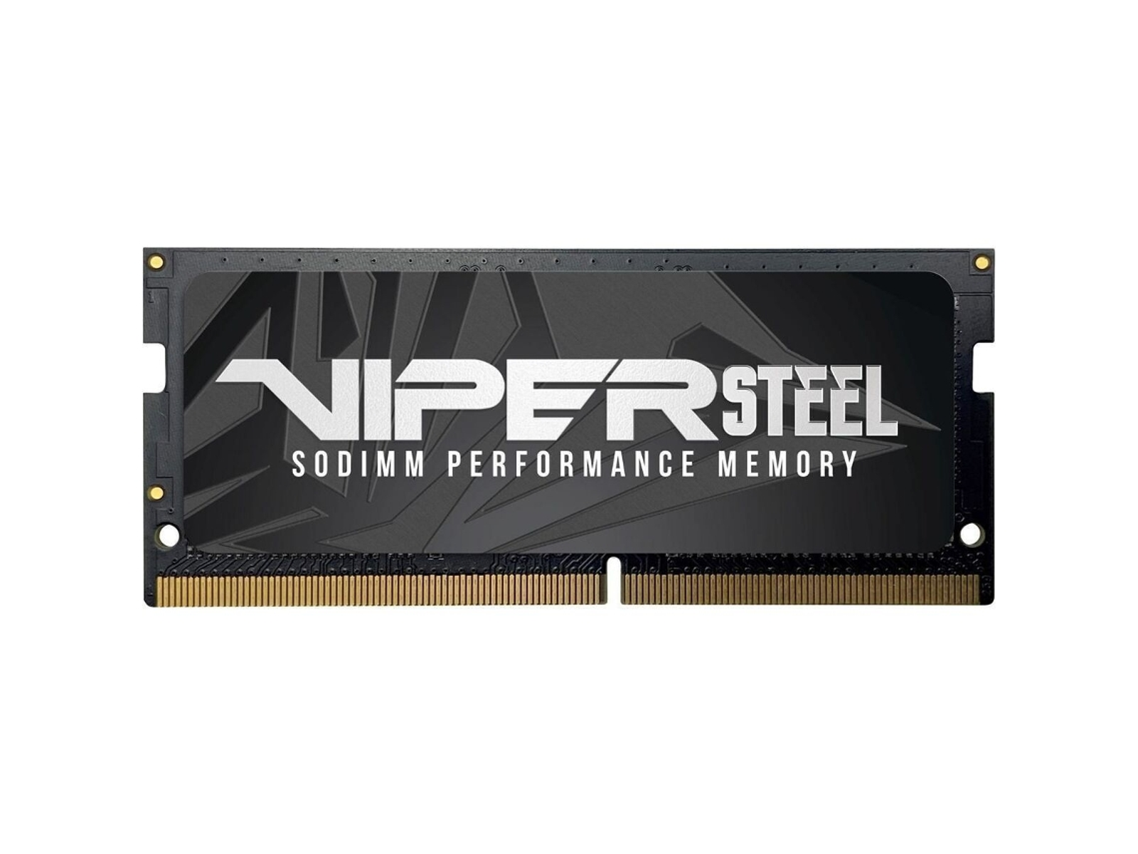Se muestra un módulo de memoria de rendimiento SODIMM Viper Steel negro y plateado. El módulo tiene pines dorados en la parte inferior.