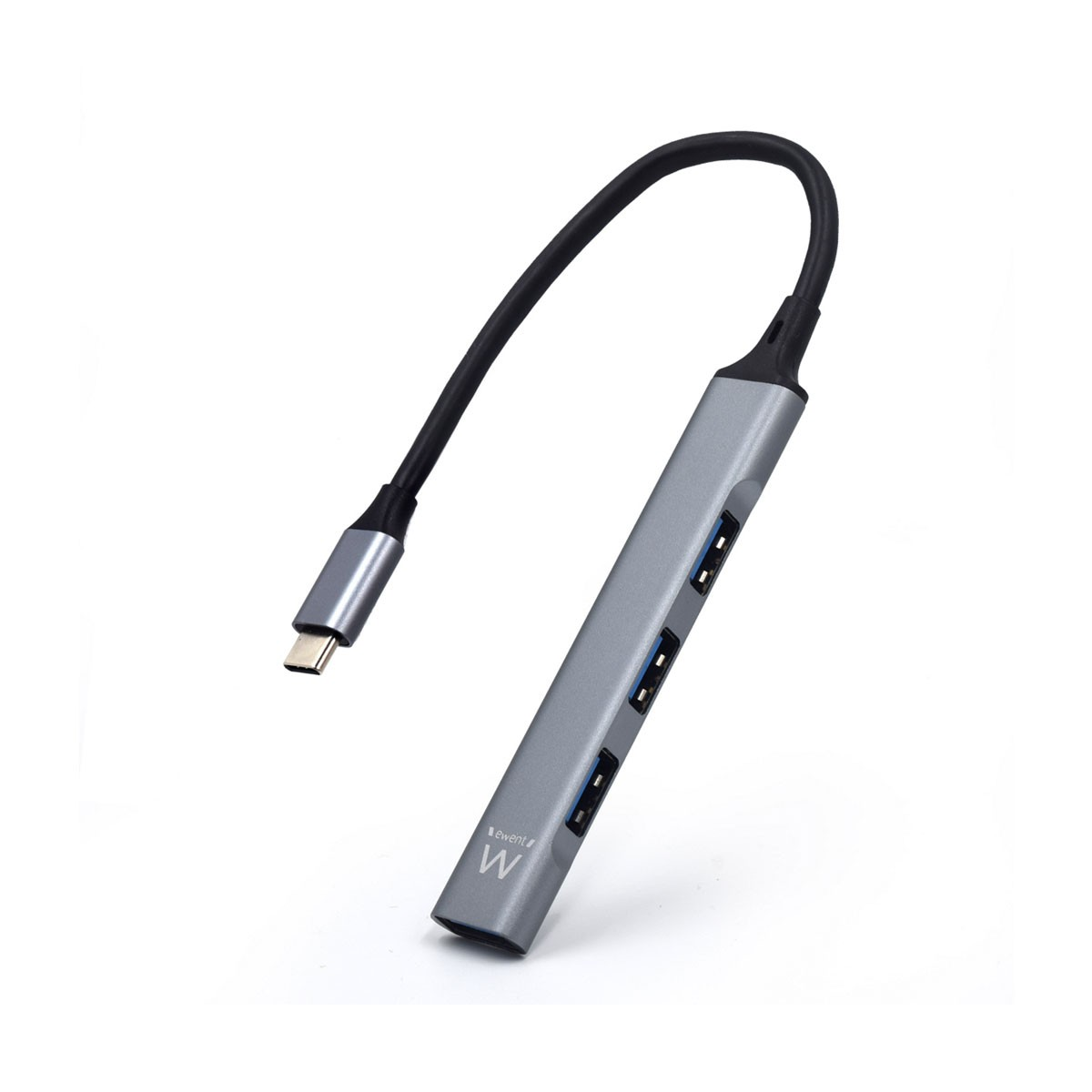 Un hub USB grigio con cavo nero e connettore USB-C argentato. Ha più porte USB e sfondo bianco.