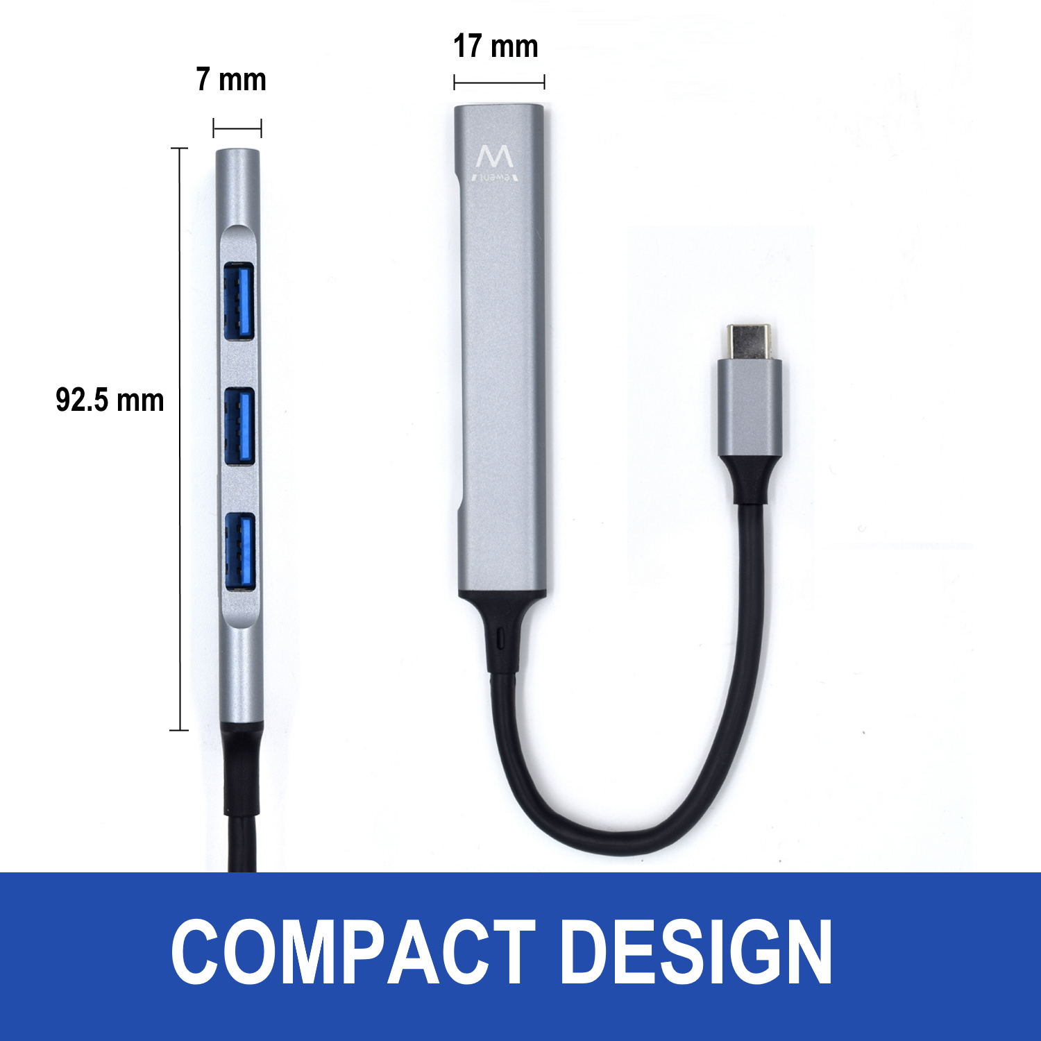 Un hub USB argentato con tre porte e un connettore USB-C. Le dimensioni sono indicate. Un cavo nero collega i dispositivi. Il testo dice 'Design compatto'.