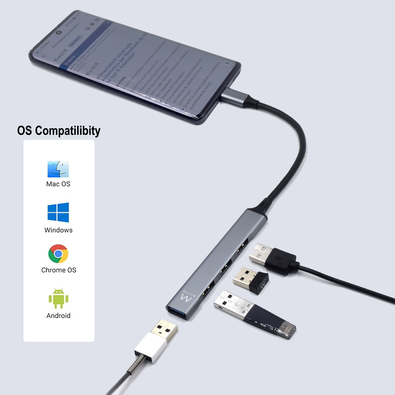 Un telefono è collegato a un hub USB con più porte USB. Sono collegati i drive USB. Vengono visualizzate le icone di compatibilità del sistema operativo.