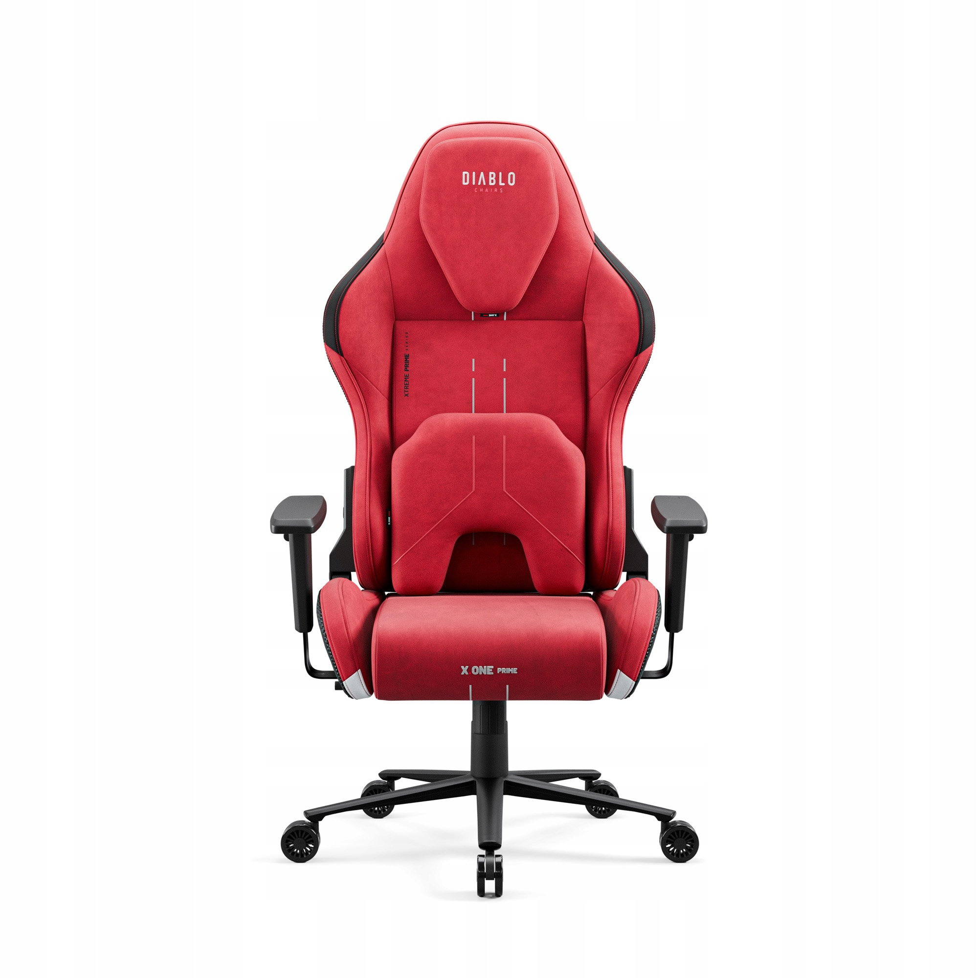 Czerwony fotel gamingowy z czarnymi akcentami. Posiada zagłówek, podparcie lędźwi, podłokietniki i pięcioramienną podstawę z kółkami. Marka Diablo.