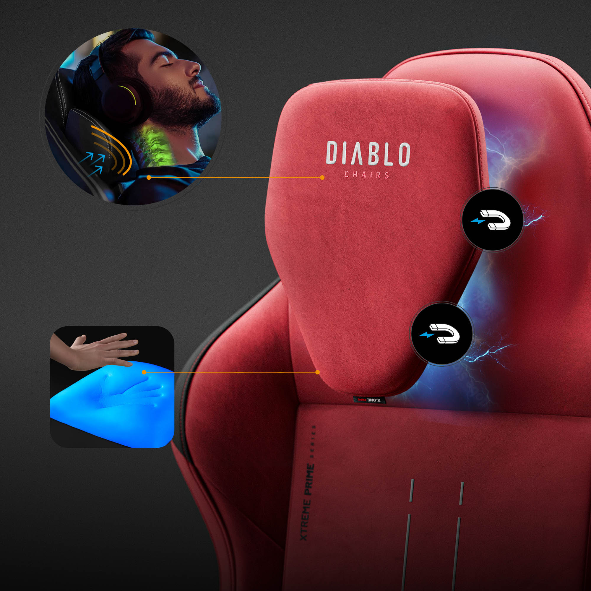 Czerwone krzesło Diablo z mężczyzną w słuchawkach, dłonią dotykającą niebieskiej poduszki i detalami błyskawic. Promocja produktu.