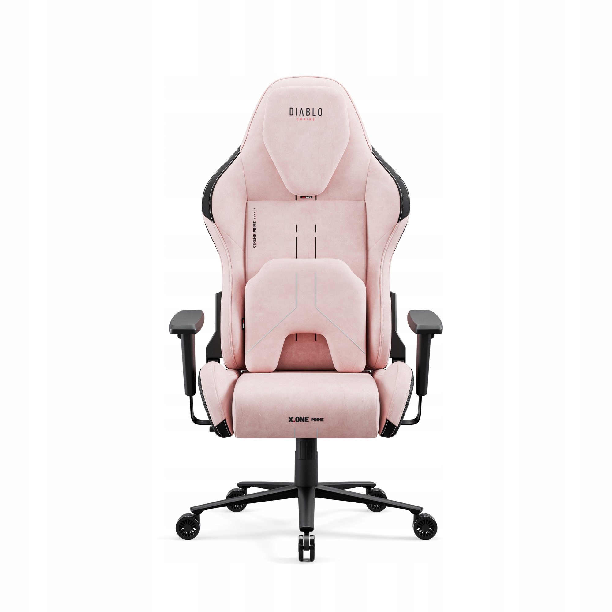 Różowe krzesło gamingowe Diablo. Ma czarne podłokietniki i podstawę z kółkami. Oparcie ma logo Diablo.