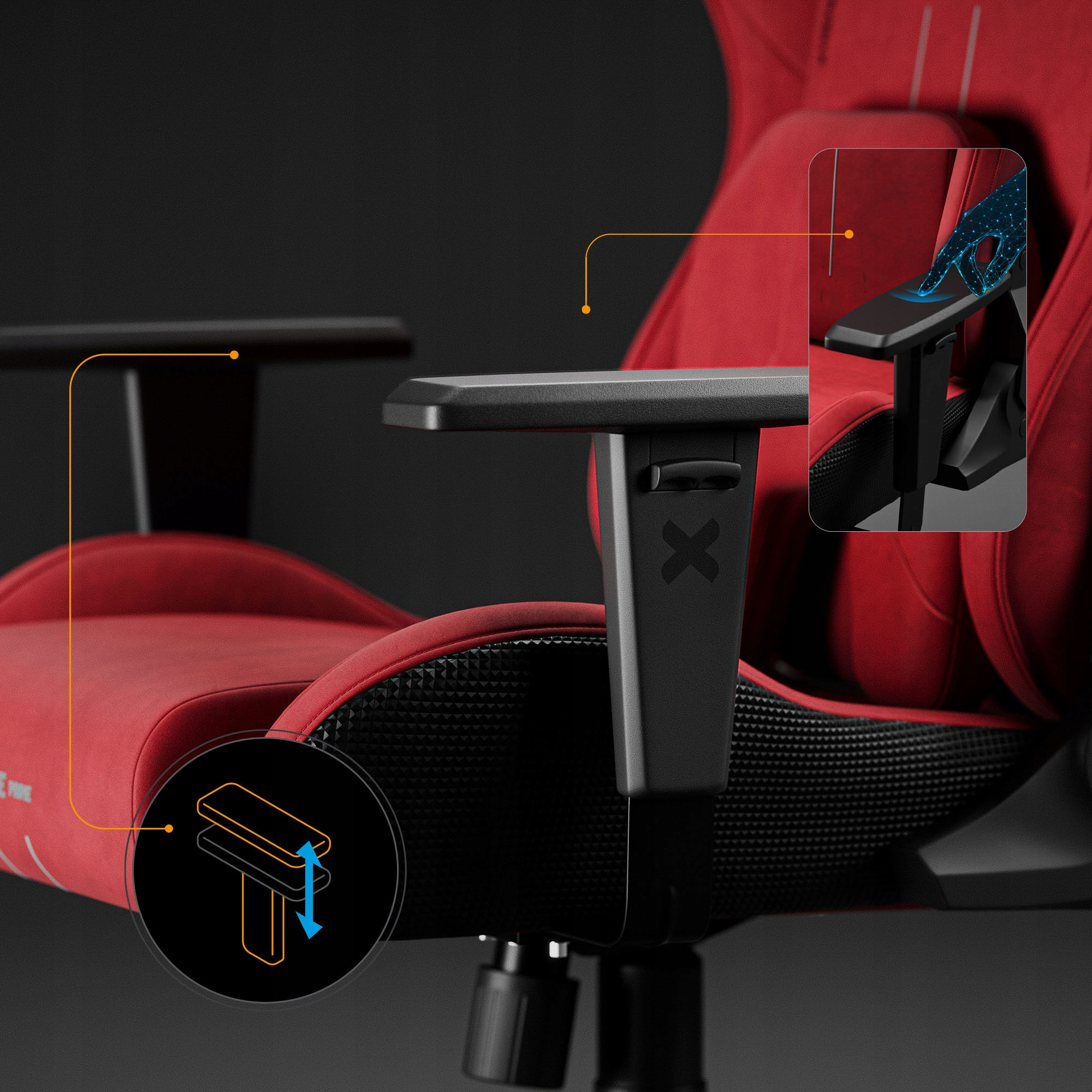Czerwono-czarny fotel do gier z podłokietnikami. Szczegóły obejmują ilustrację regulowanego podłokietnika i schemat dotyku dłoni.
