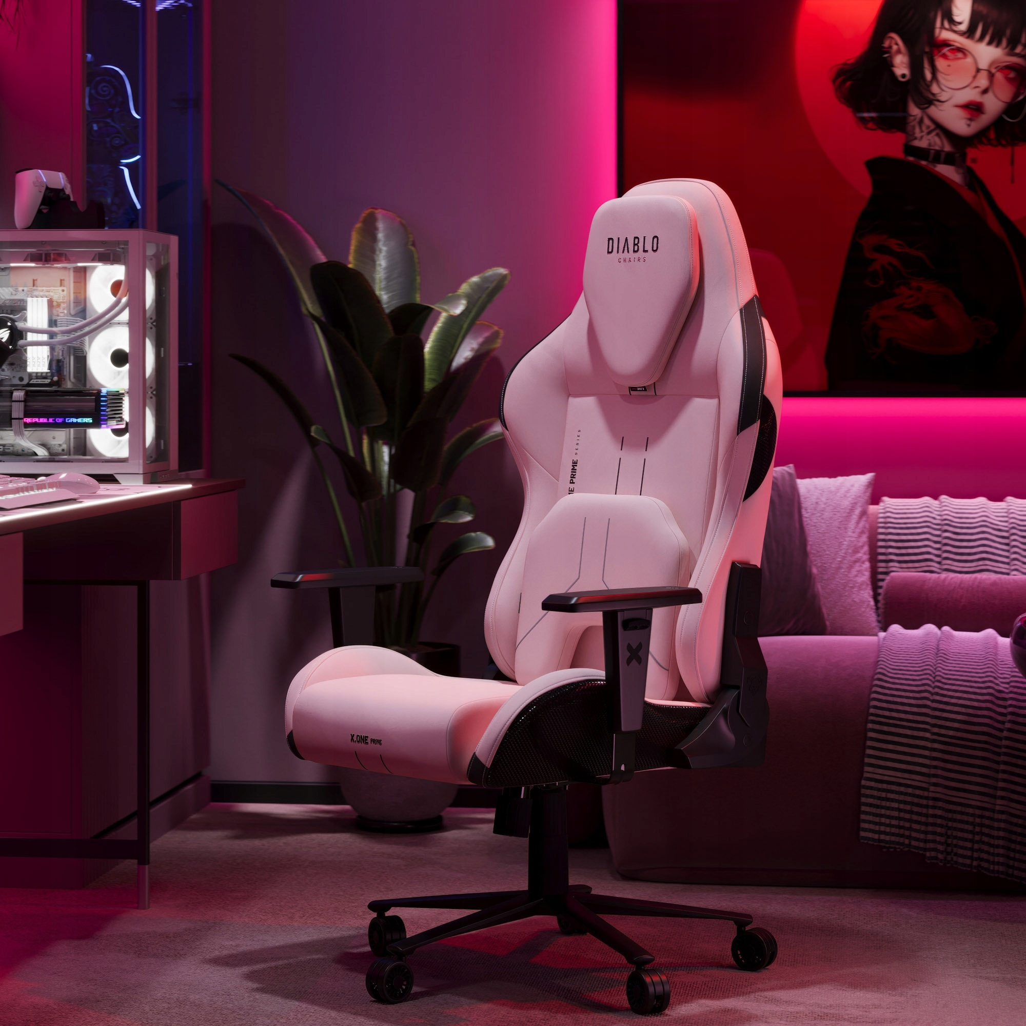 Różowo-białe krzesło do gier stoi w pokoju z komputerem, rośliną i dziełem sztuki. Scena skąpana jest w różowym i czerwonym świetle.