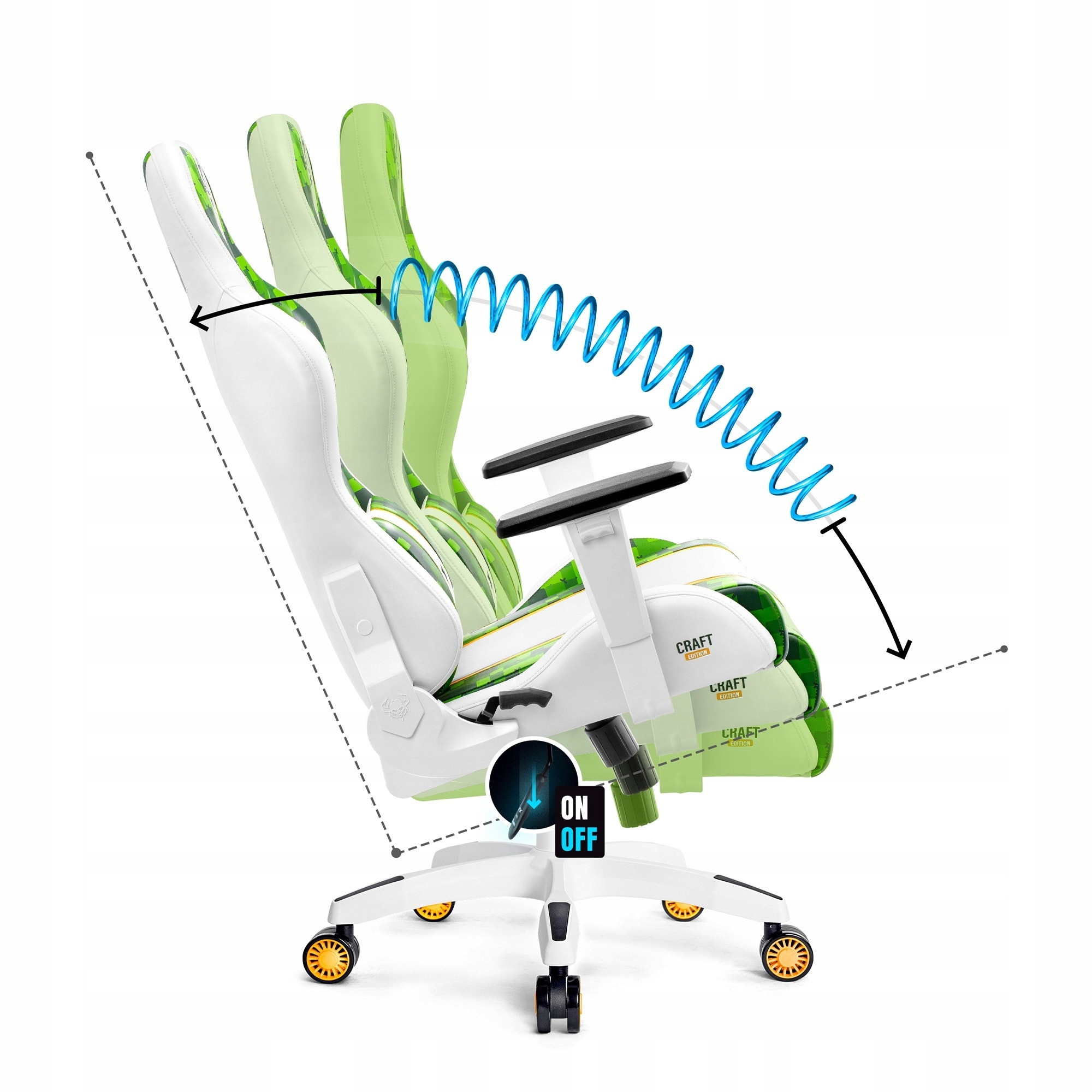 Krzesło gamingowe z białymi, zielonymi detalami. Pokazuje regulowane oparcie. Czarne podłokietniki i kółka. Podświetlony włącznik/wyłącznik.