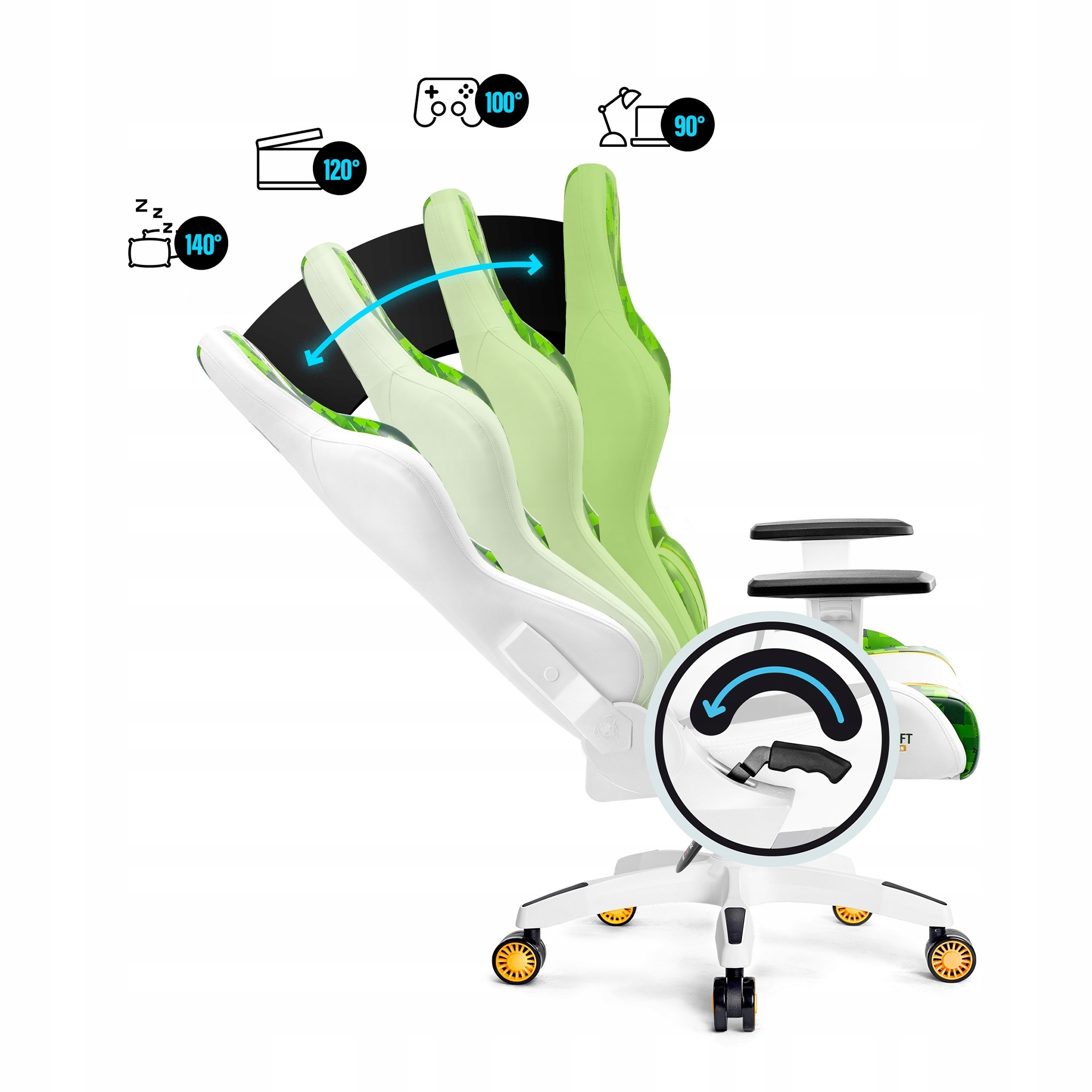 Krzesło gamingowe w kolorze białym i zielonym, z regulowanymi pozycjami oparcia, pokazane z ikonami różnych kątów.