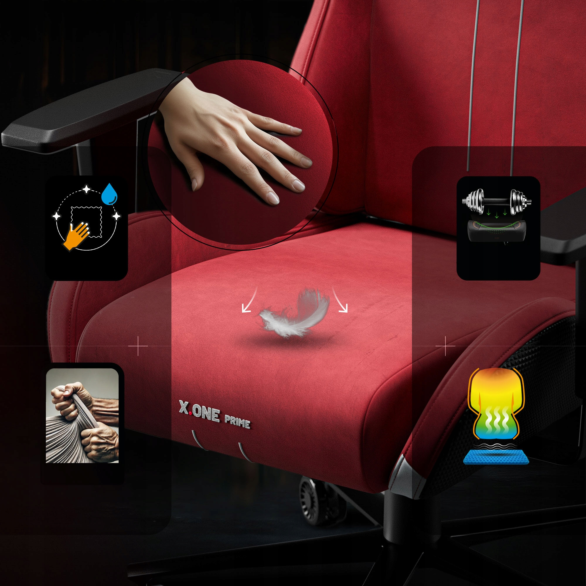Czerwony fotel do gier z dłonią dotykającą siedziska. Ikony przedstawiają cechy czyszczenia, wagi i komfortu.