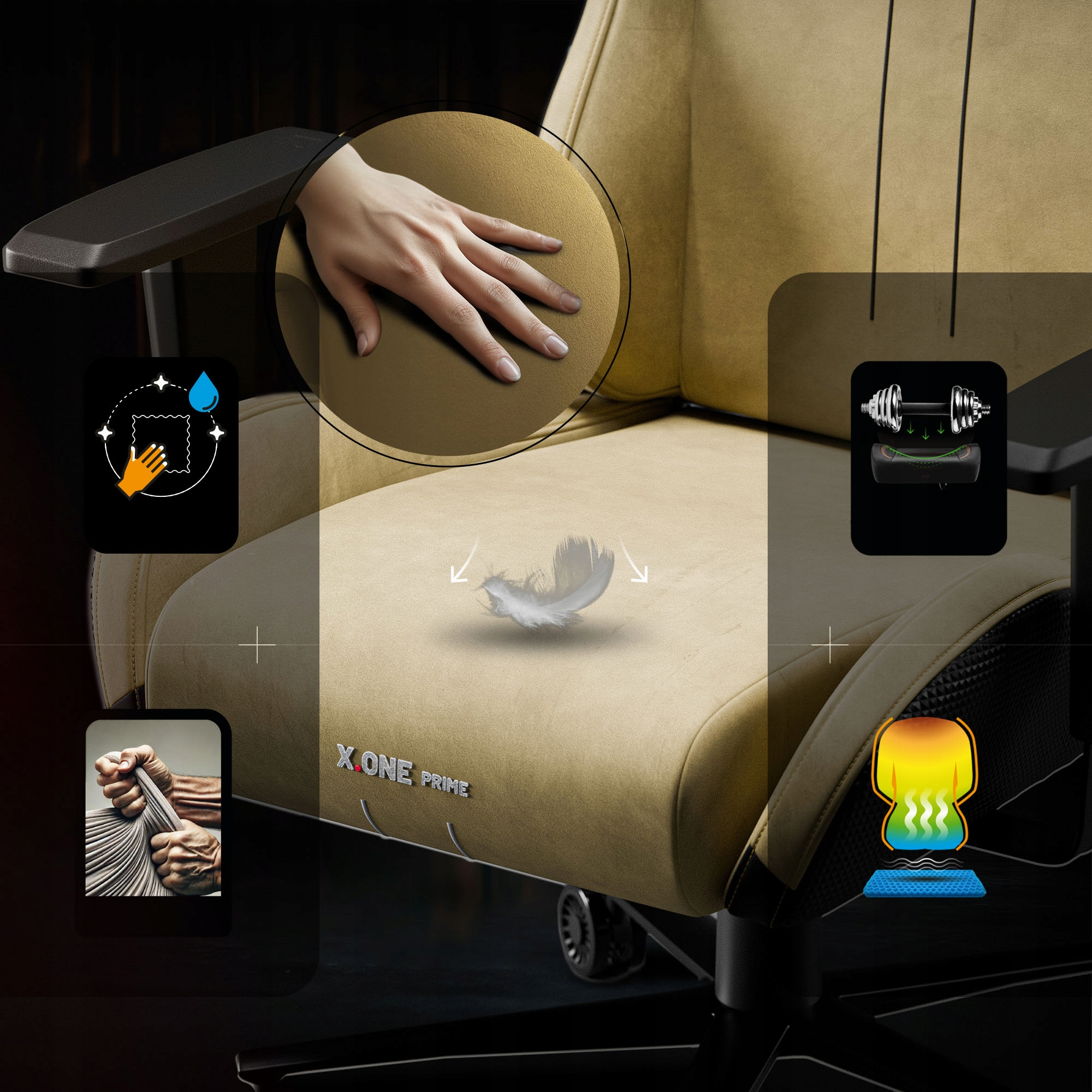 Dłoń dotyka beżowego krzesła. Ikony pokazują czyszczenie, podparcie ciężaru i ogrzewanie. Pióro unosi się na krześle.