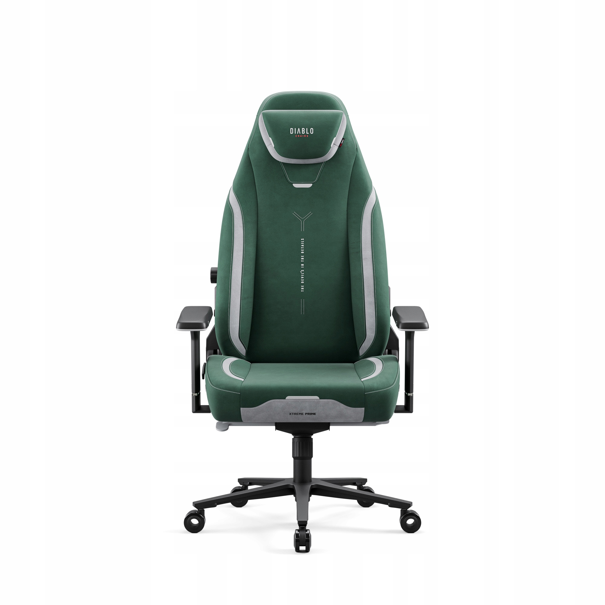 Zielony i szary fotel gamingowy z napisem "DIABLO" na zagłówku, na białym tle.