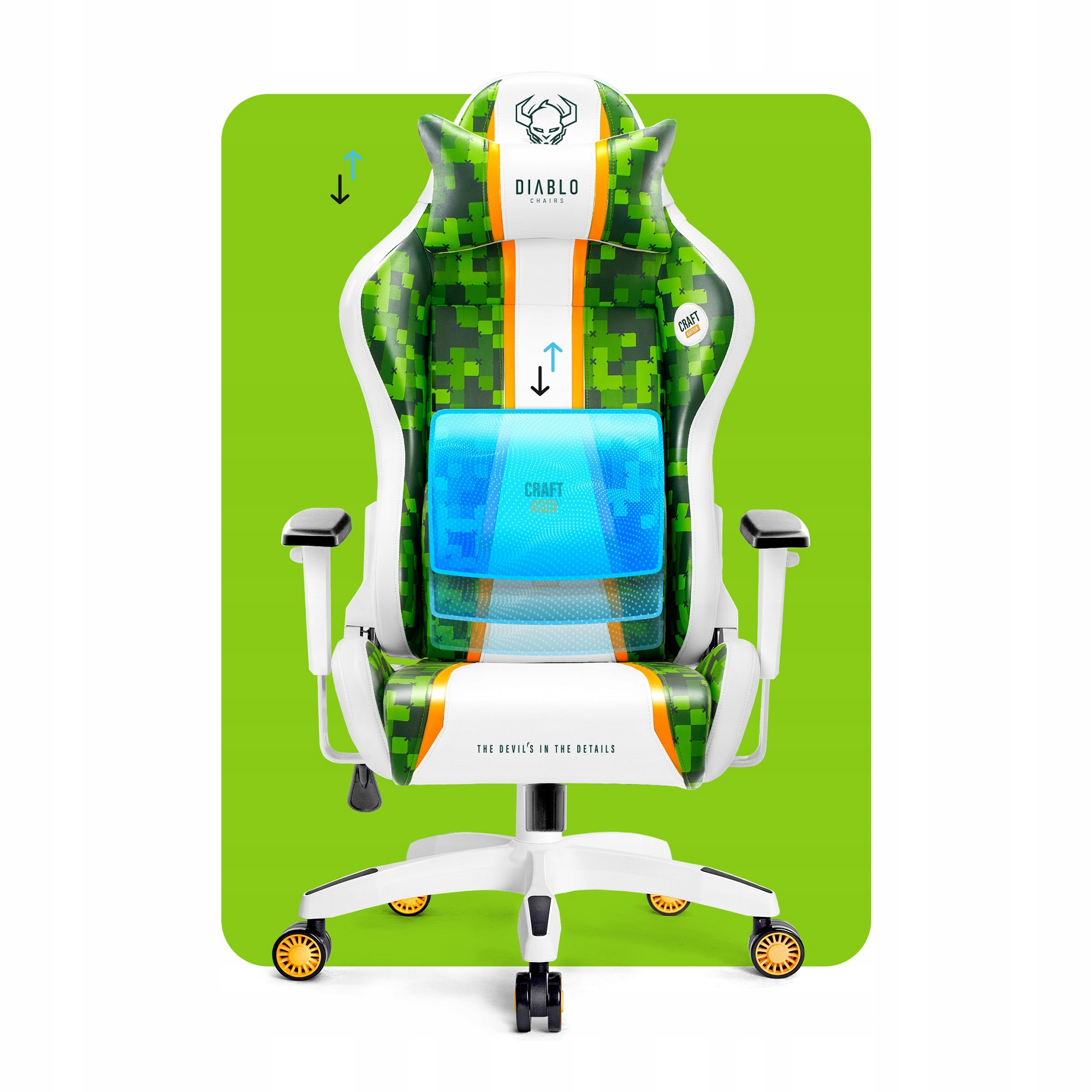 Krzesło do gier z zielono-białym designem, pomarańczowymi akcentami i czarnymi podłokietnikami. Krzesło ma logo czaszki i jest na zielonym tle.