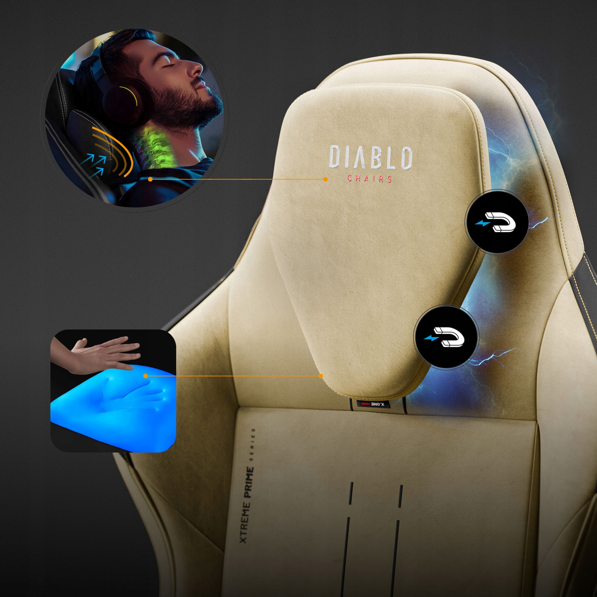 Szczegół fotela gamingowego. Mężczyzna ze słuchawkami, zagłówek z napisem 'DIABLO CHAIRS', niebieski piankowy detal.