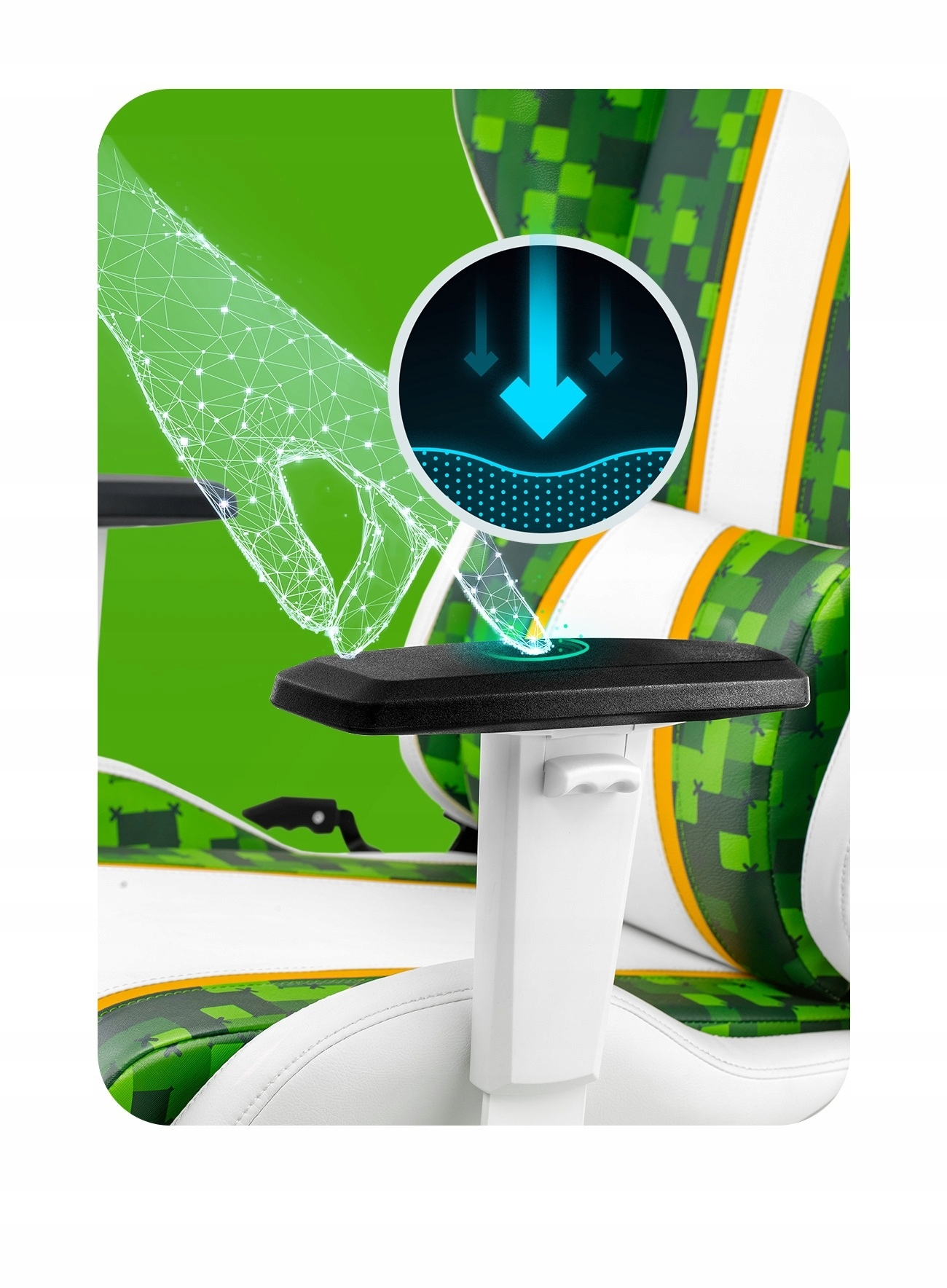 Szczegół fotela gamingowego. Pokazuje podłokietnik, zielony wzór moro, biały i ilustrację rozkładu nacisku na siedzisko.