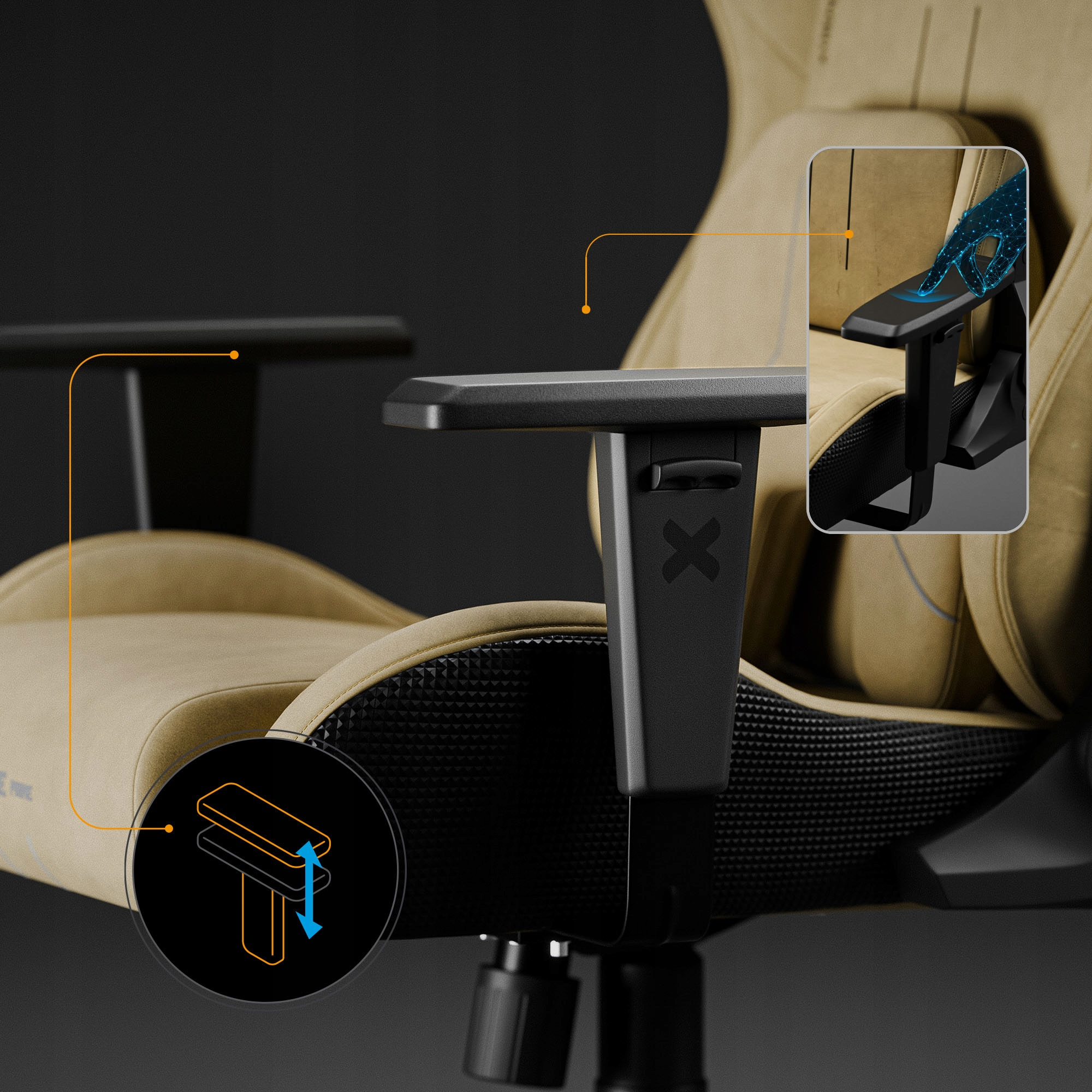 Krzesło gamingowe z regulowanym podłokietnikiem. Cechy: czarna podstawa, beżowe siedzisko i diagram regulacji podłokietnika.