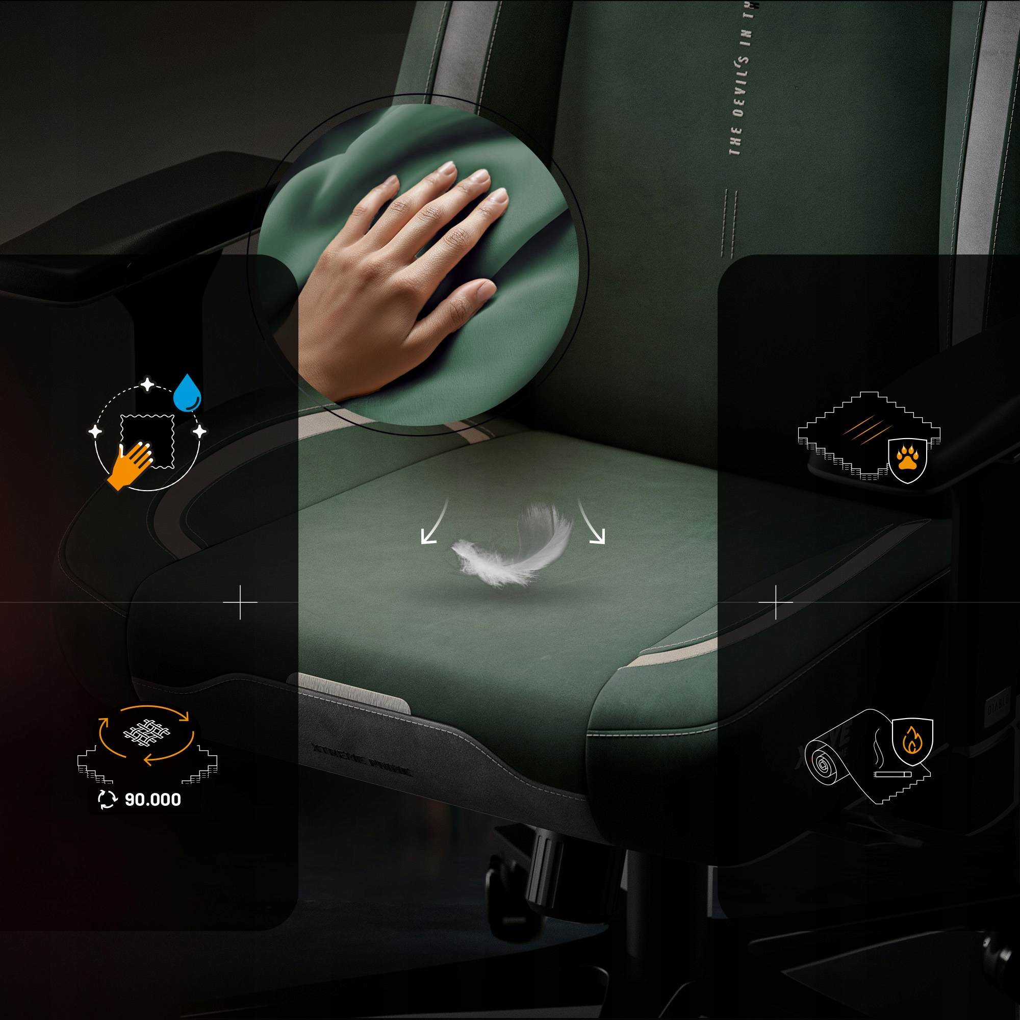 Zielony fotel gamingowy z dłonią dotykającą materiału. Cechy: wodoodporność, przyjazny dla zwierząt, oddychający materiał i odporność na ogień.