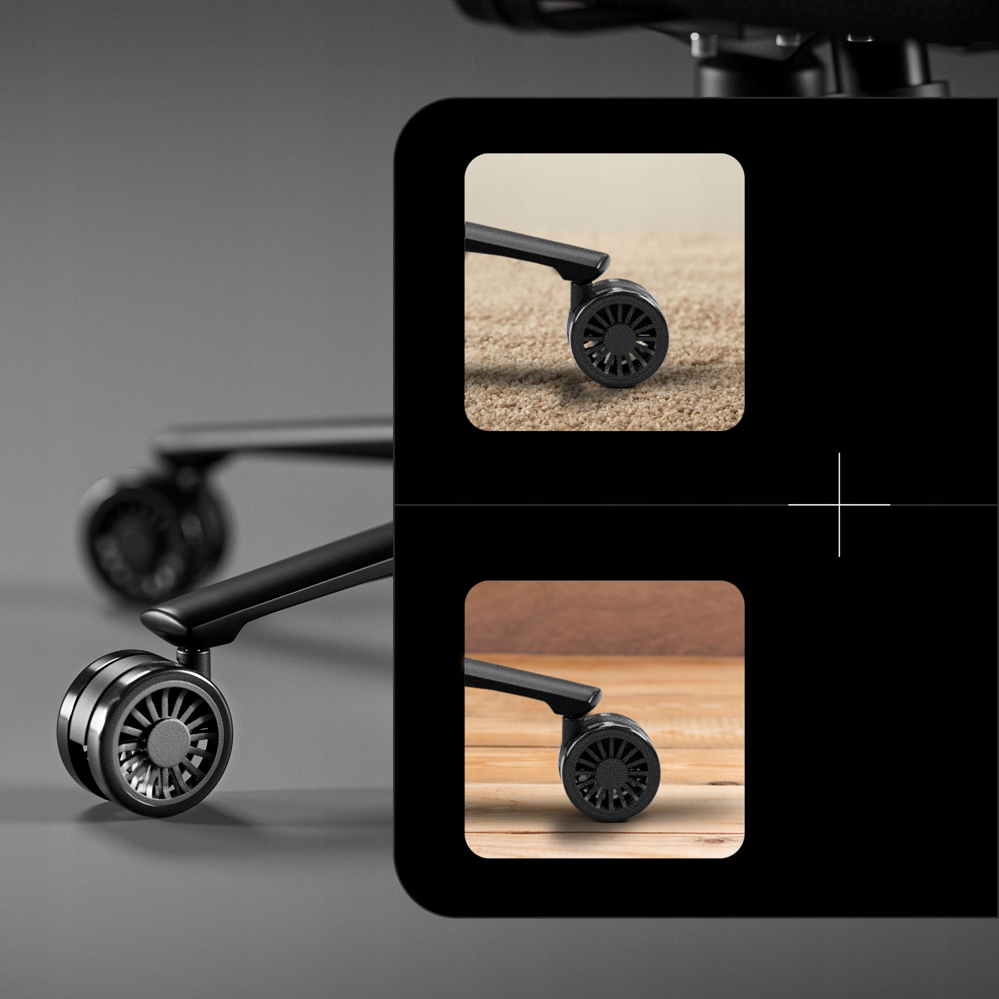 Zbliżenie czarnego kółka krzesła biurowego na szarym tle. Dwa zdjęcia wstawione pokazują kółka na dywanie i drewnie.