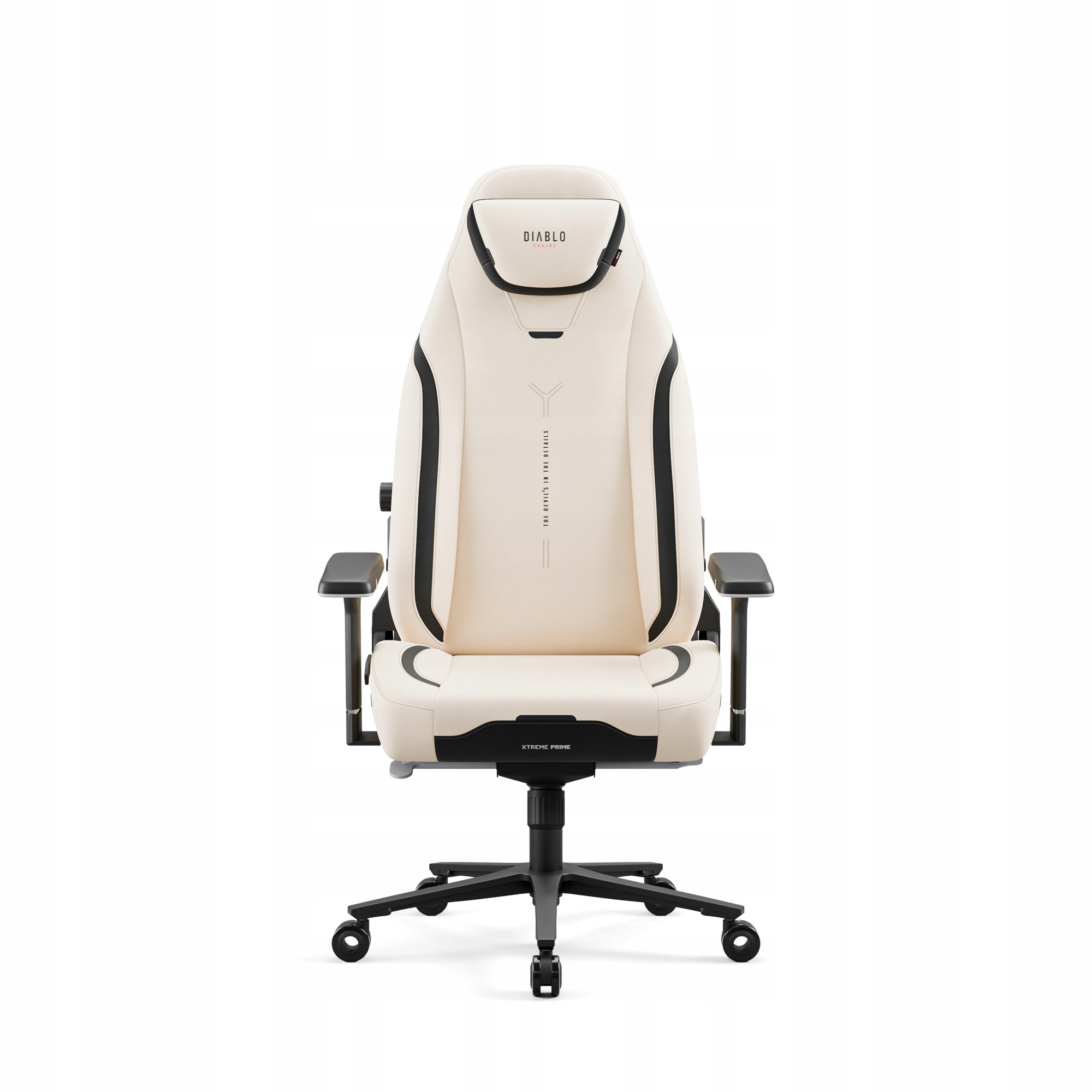 Kremowy fotel gamingowy Diablo. Ma czarne akcenty i czarną podstawę z kółkami. Widoczne jest logo Diablo.