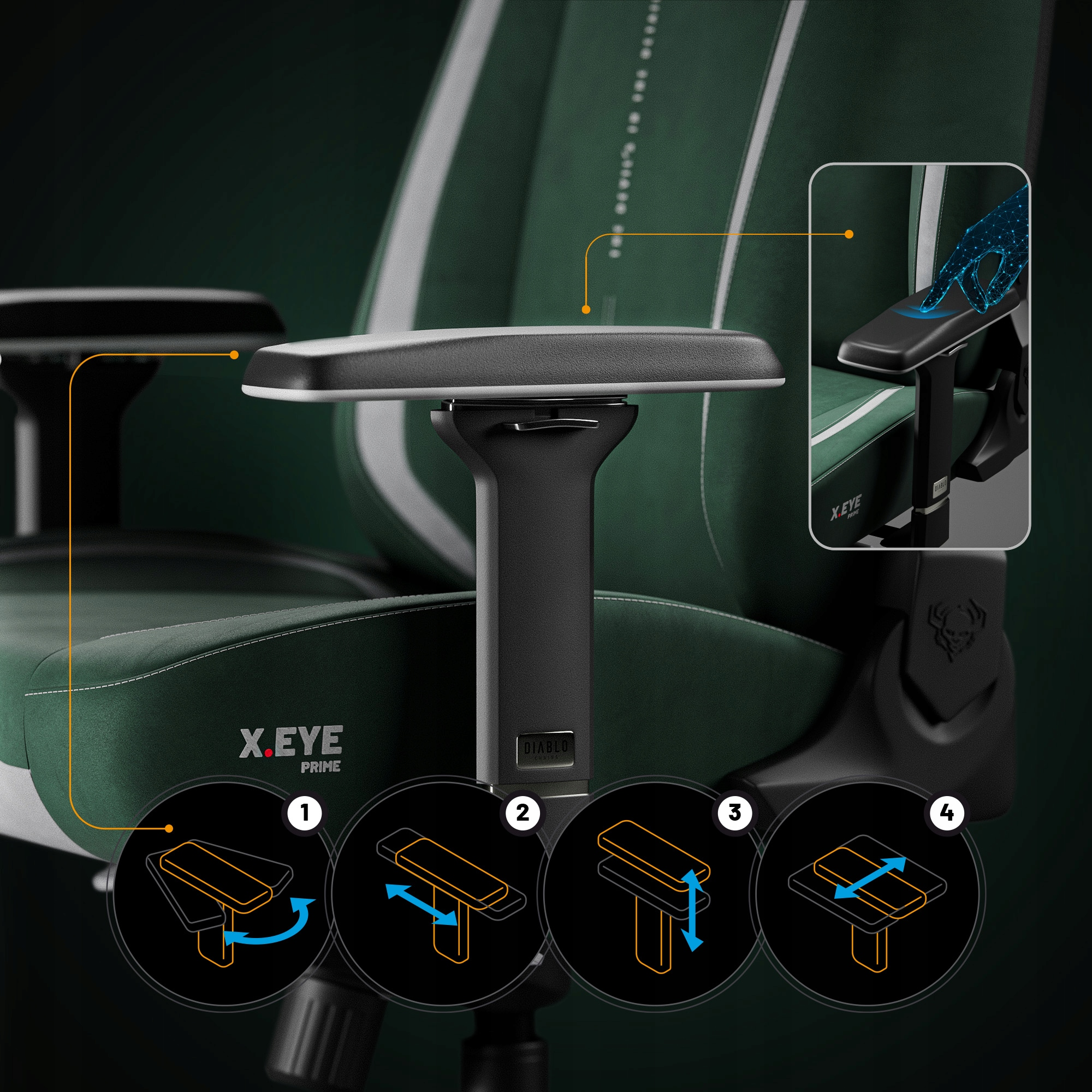Zielono-czarny fotel gamingowy z regulowanymi podłokietnikami. Schematy pokazują opcje ruchu. Fotel ma logo X.EYE PRIME.