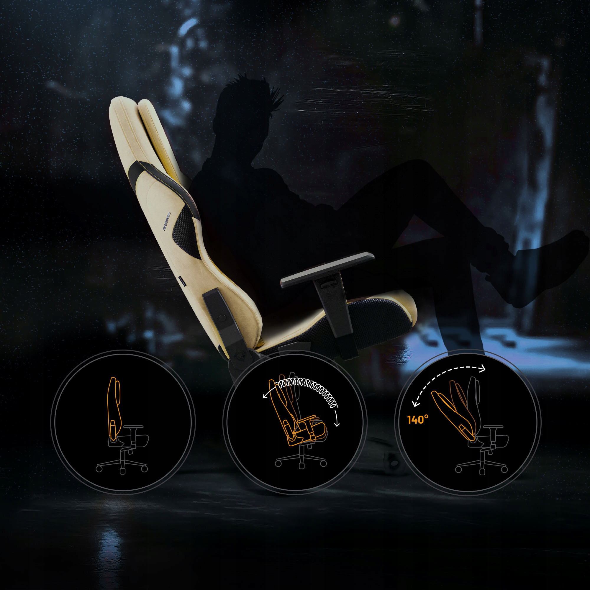 Krzesło do gier z sylwetką osoby z tyłu. Trzy okręgi pokazują regulacje krzesła. Beżowe i czarne krzesło na czarnym tle.