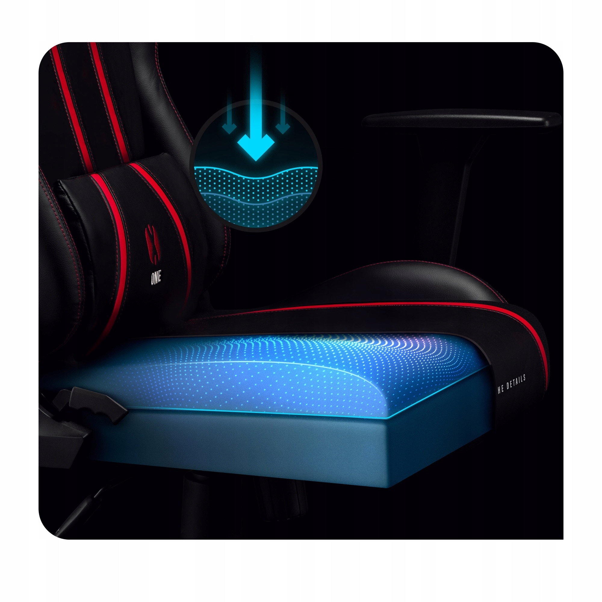 Czarny i czerwony fotel gamingowy z naciskiem na niebieską amortyzację. Ilustracja pokazuje rozkład nacisku.