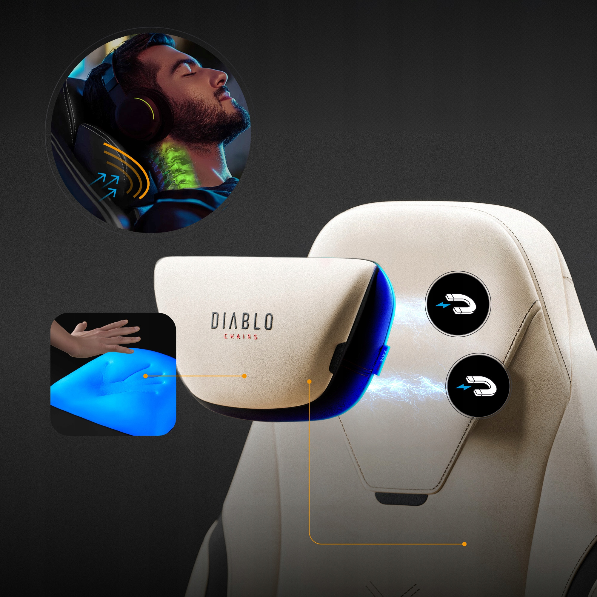 Obraz przedstawia fotel gamingowy z zagłówkiem i mężczyznę w słuchawkach. Widoczne są również ilustracje cech fotela.