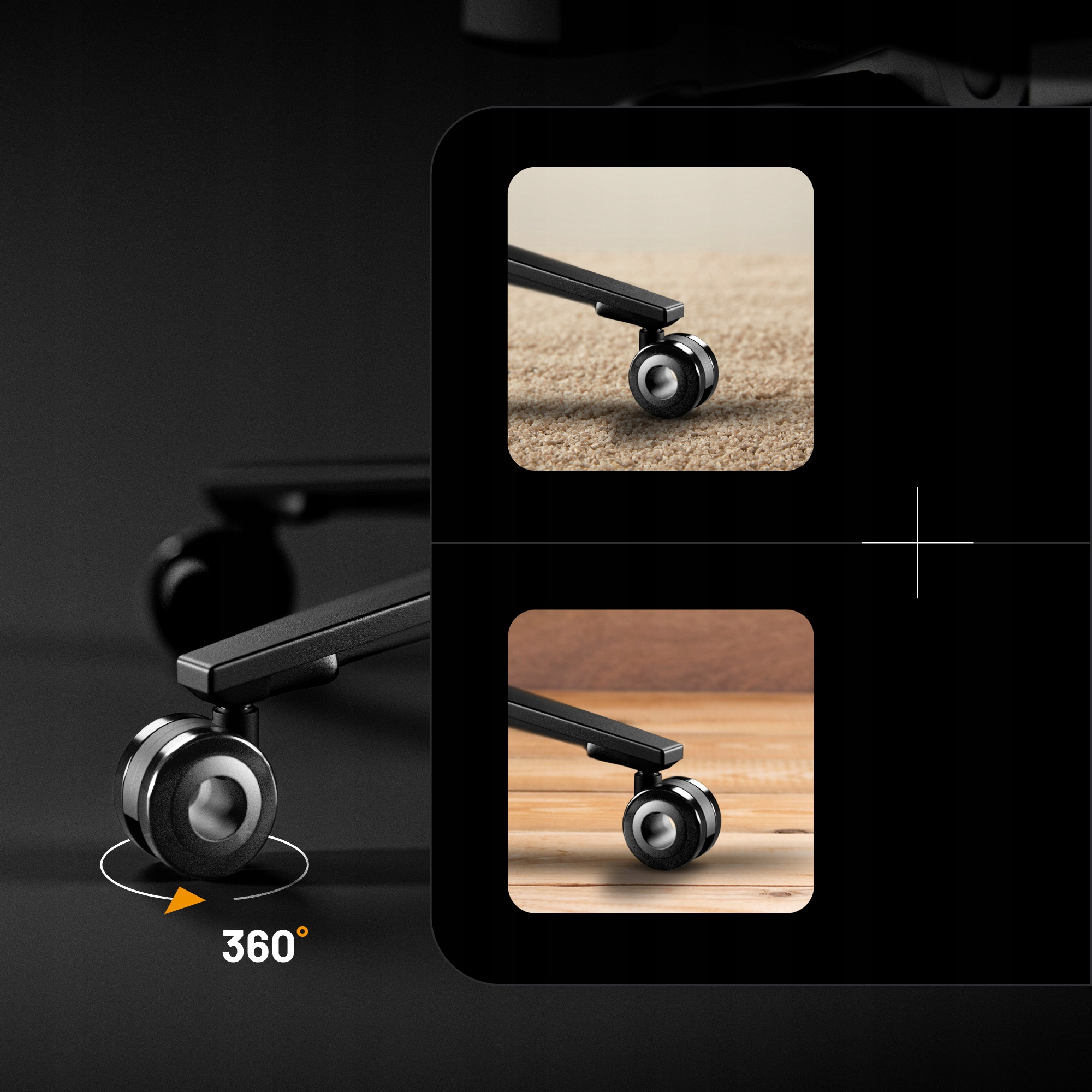 Obraz przedstawia kółko krzesła z obrotem 360 stopni. Koło jest czarne ze srebrnym środkiem, na czarnym i drewnianym tle.