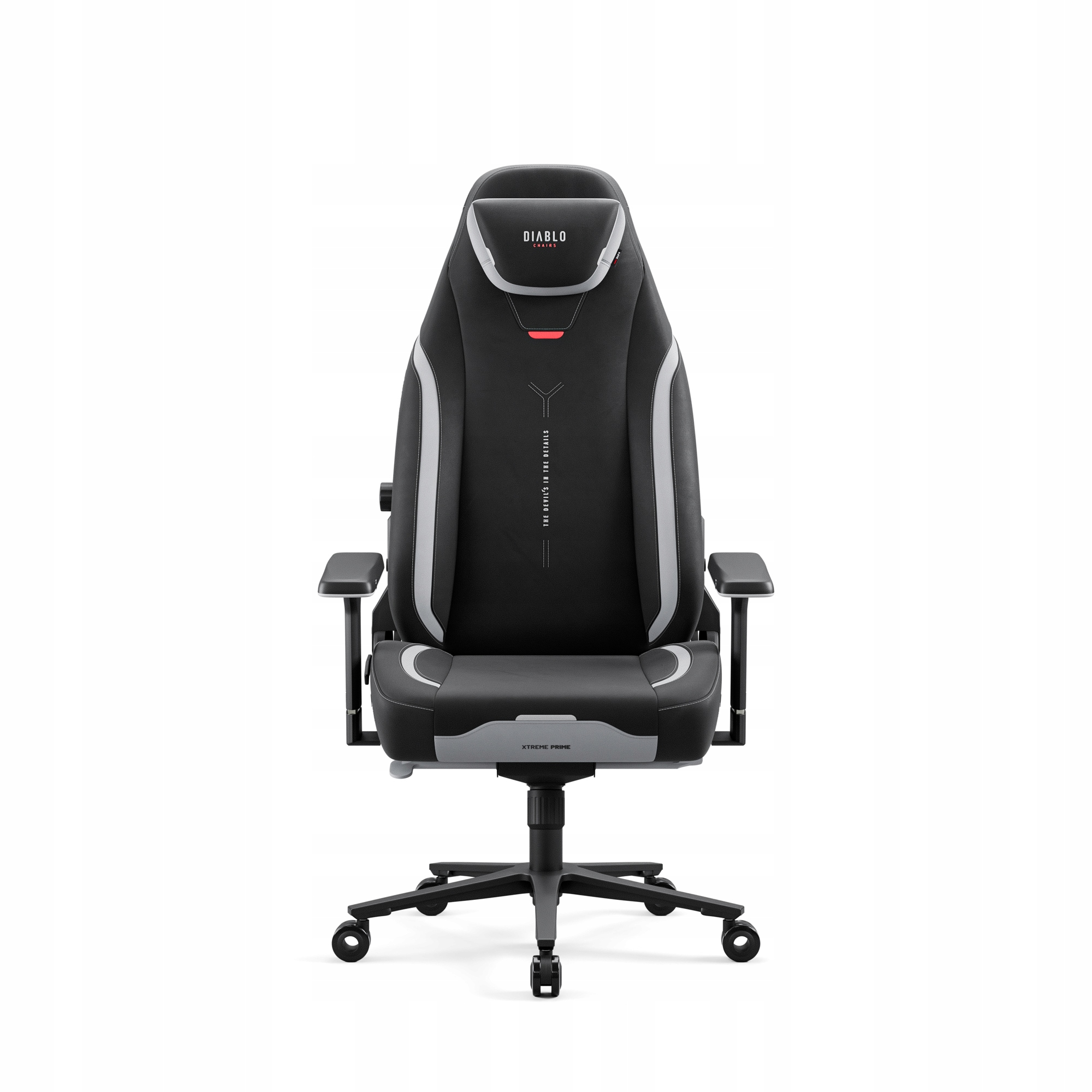 Czarno-szary fotel gamingowy Diablo na białym tle. Posiada logo Diablo, białe akcenty i tekst „The Devil's in the Details”.