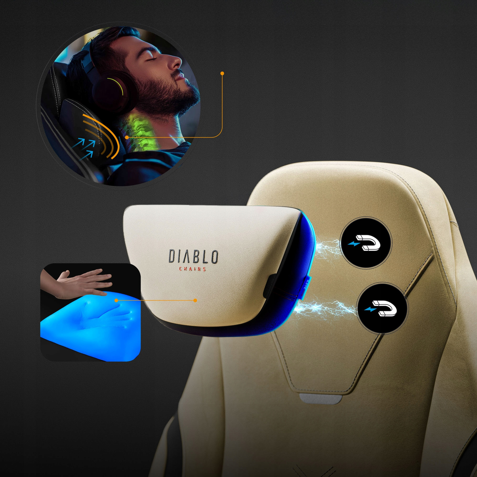 Pokazano fotel gamingowy z masażerem zagłówka, wraz z osobą w słuchawkach. Ręka dotyka niebieskiej poduszki.