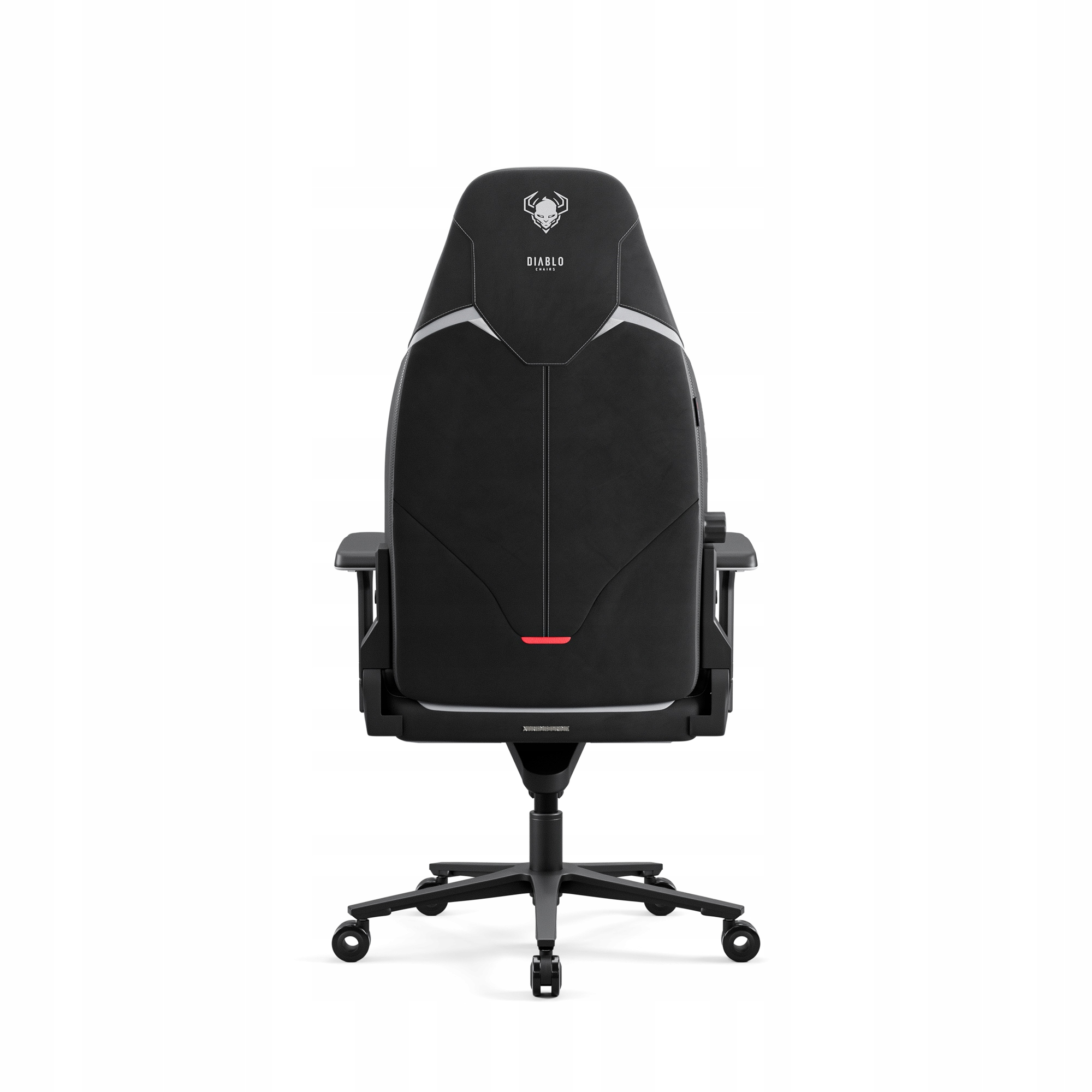 Czarny fotel gamingowy z logo czaszki. Czarne oparcie z białymi akcentami i czarną podstawą.