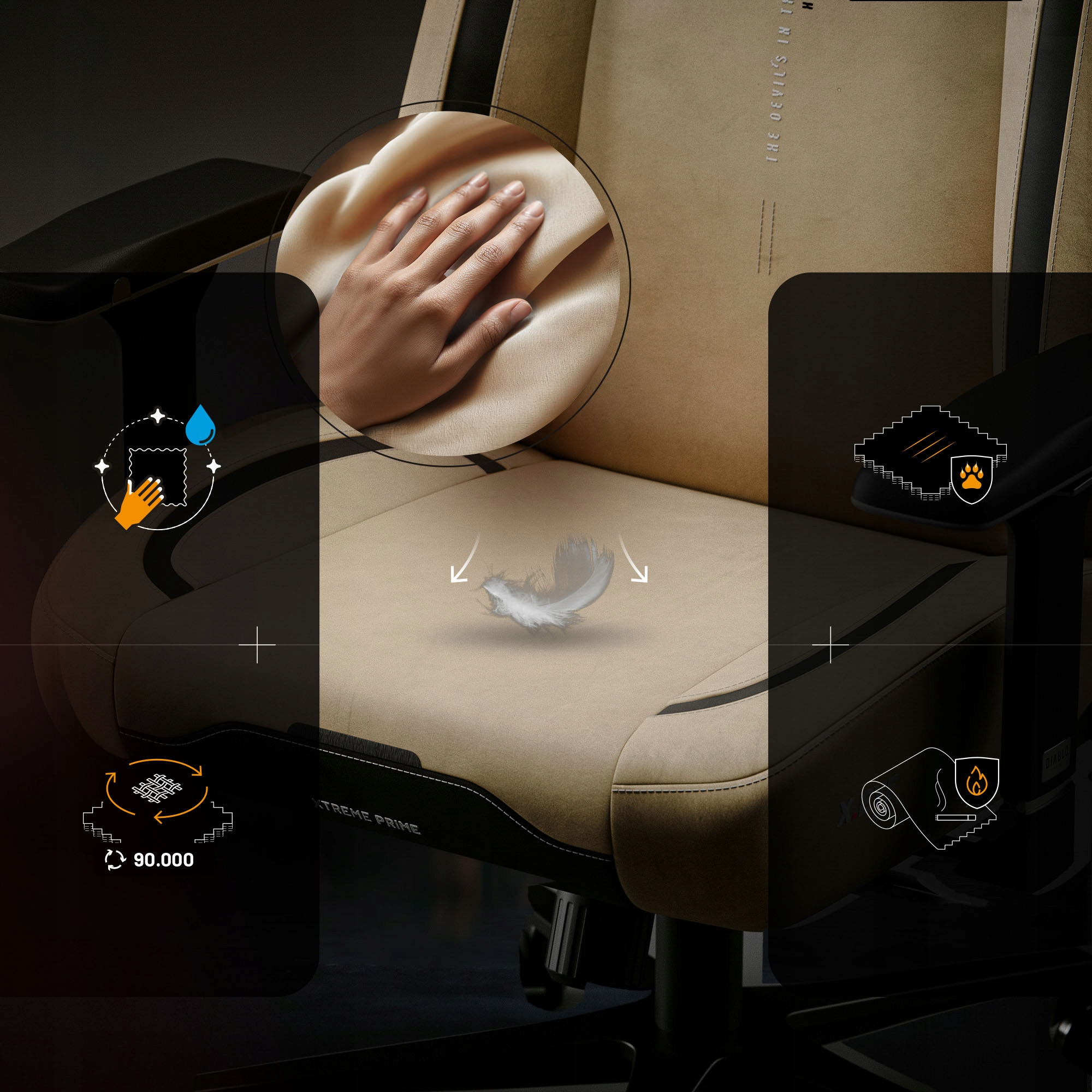 Zbliżenie fotela do gier, pokazujące dłoń dotykającą beżowej tkaniny. Ikony wskazują funkcje, takie jak czyszczenie, ochrona zwierząt i odporność na ogień.