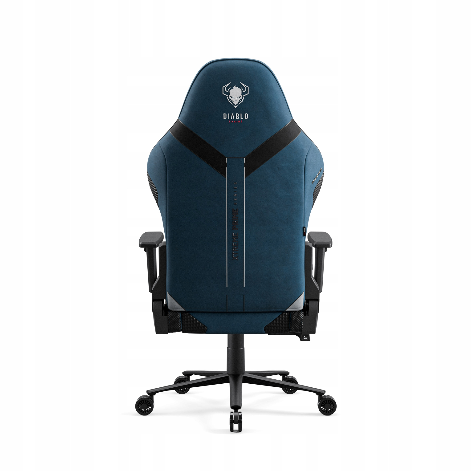 Niebiesko-czarny fotel gamingowy. Posiada logo czaszki, markę Diablo Chairs i tekst Xtreme Prime Series.