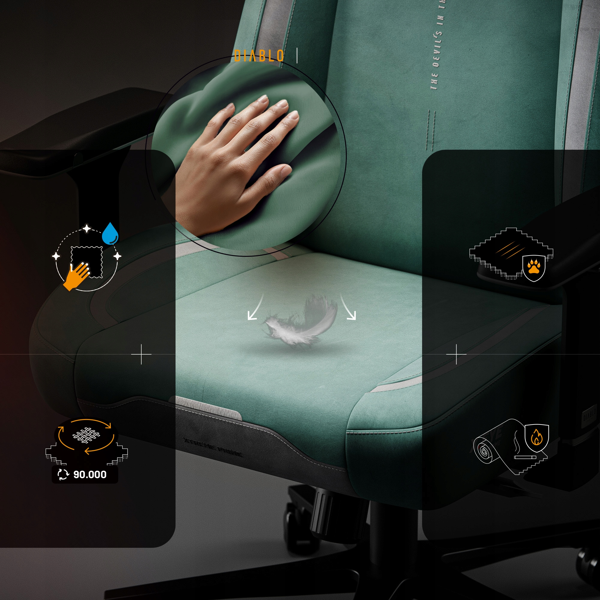 Zielony fotel gamingowy z dłonią dotykającą materiału. Wodoodporny, odporny na zwierzęta i ogień.