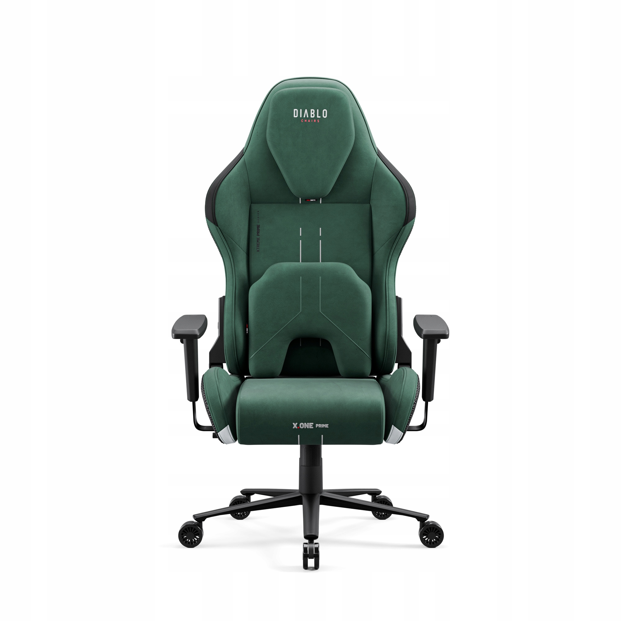 Zielony fotel gamingowy z czarnymi akcentami. Ma zagłówek z logo Diablo Gaming, oparcie i podłokietniki. Podstawa jest czarna.
