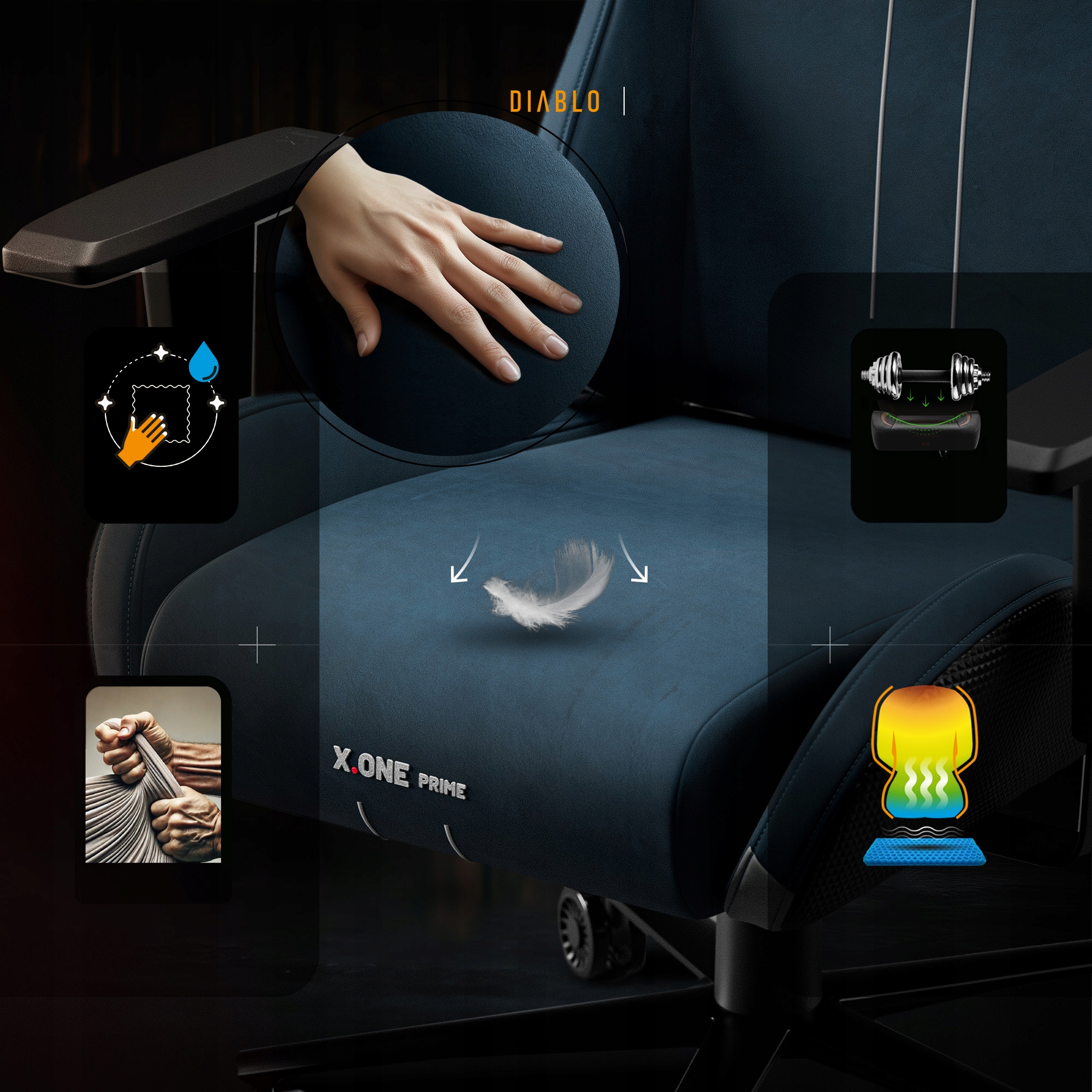 Niebieski fotel do gier ze szczegółami dłoni. Ikony pokazują wodoodporność, nośność i oddychalność.