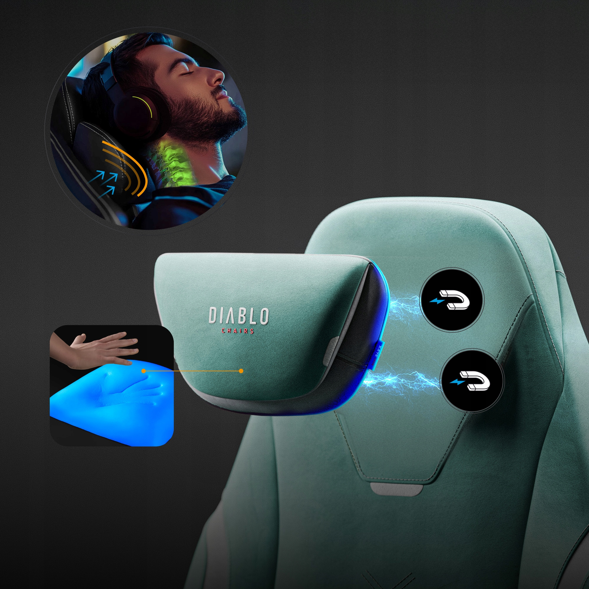 Krzesło do gier z zagłówkiem. Mężczyzna w słuchawkach odpoczywa. Pokazano świecącą na niebiesko podkładkę.