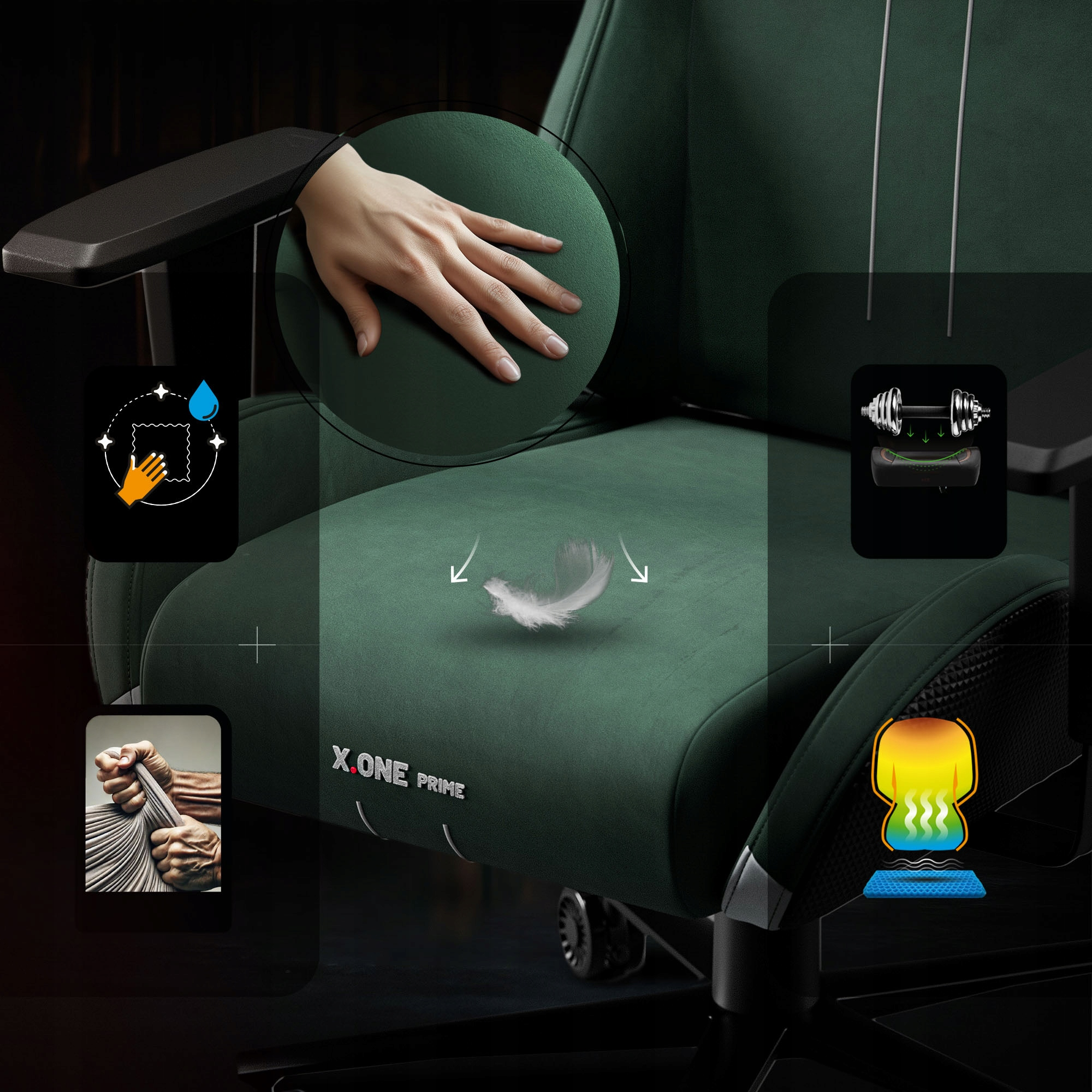 Zielony fotel do gier z dłonią spoczywającą na siedzisku. Zawiera ikony pióra, czyszczenia, podparcia ciężaru i ogrzewania.