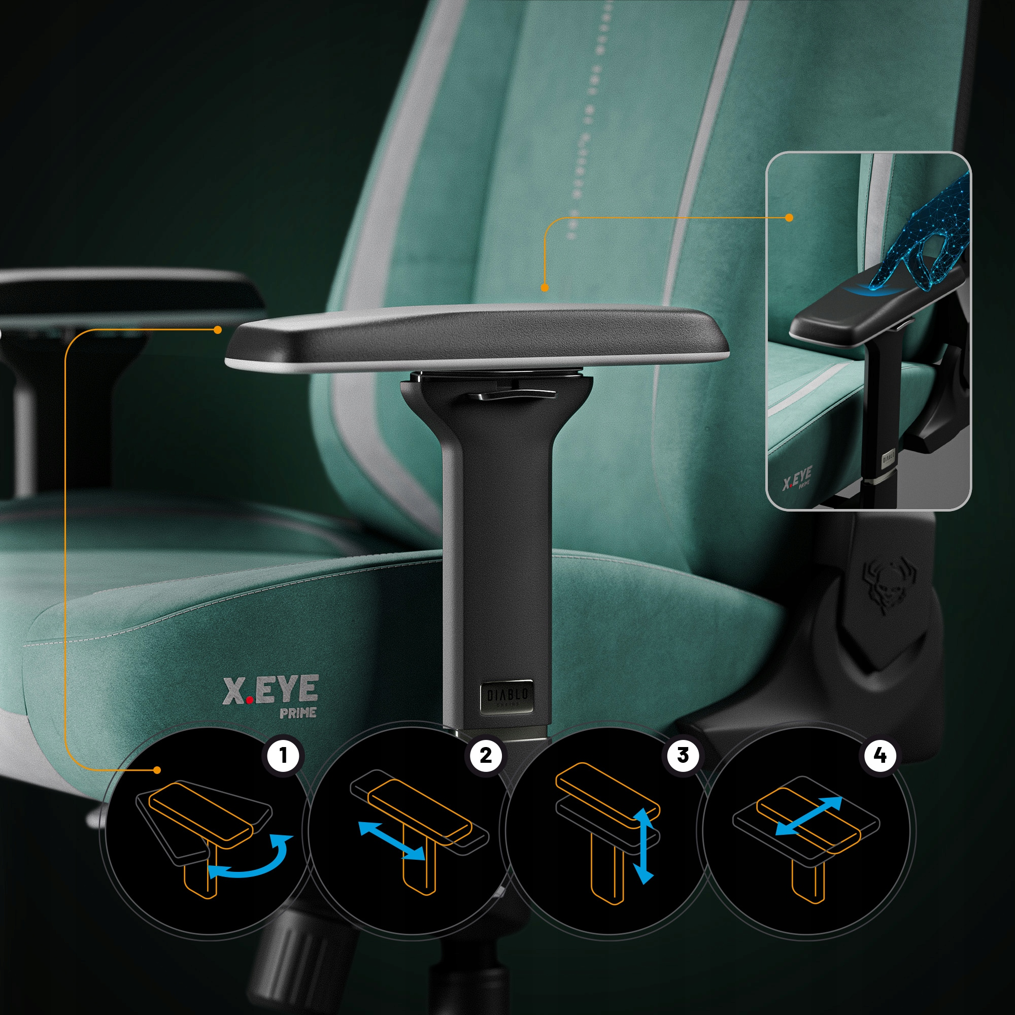 Krzesło gamingowe X.EYE PRIME. Jest turkusowe i czarne. Obrazek pokazuje regulacje podłokietników z diagramami ilustrującymi ruch.