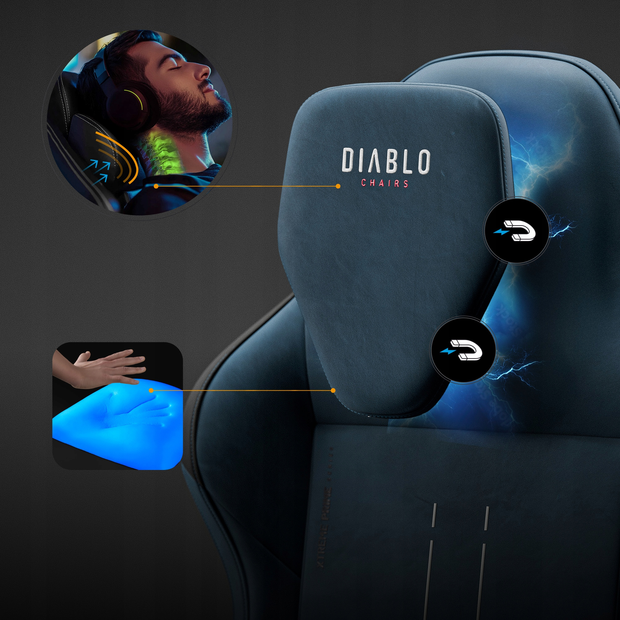 Krzesło do gier z mężczyzną w słuchawkach. Krzesło jest granatowe z napisem 'DIABLO CHAIRS'. Schematy pokazują funkcje.