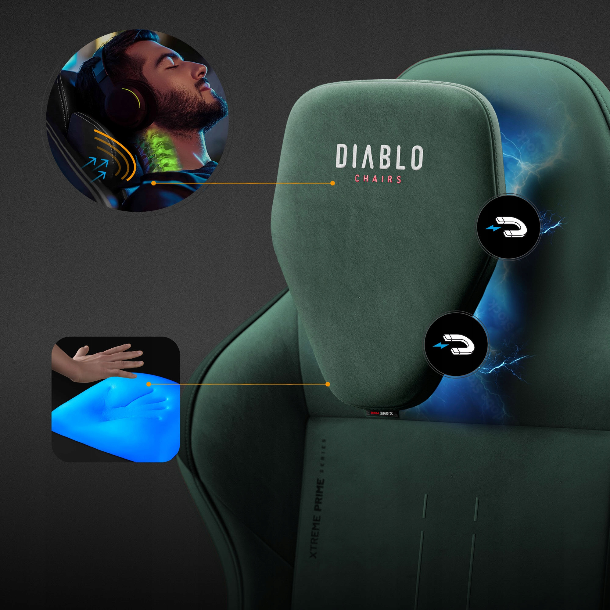 Zielone krzesło Diablo z mężczyzną w słuchawkach, niebieską poduszką i napisem 'DIABLO CHAIRS'.