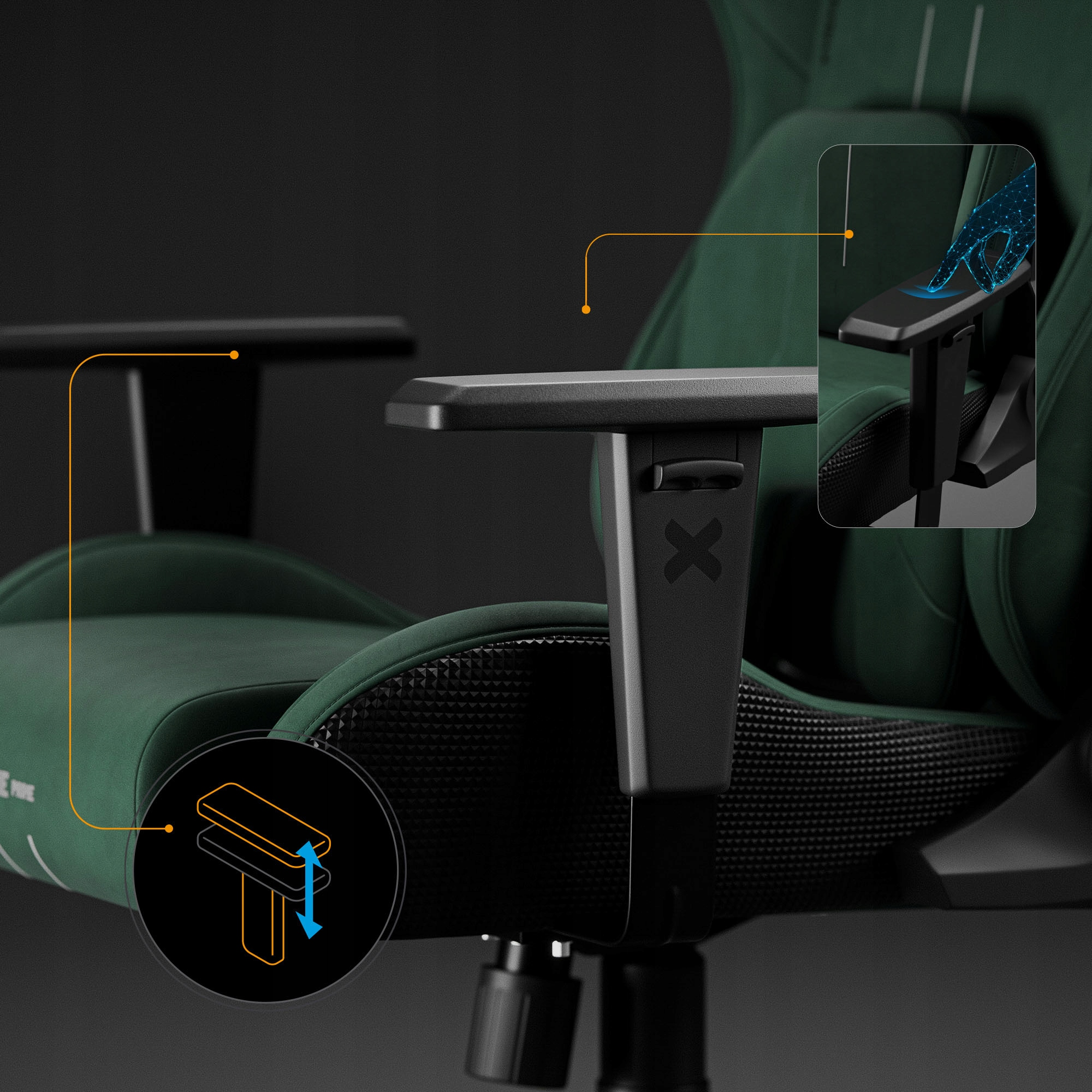 Zielony fotel gamingowy z czarnymi podłokietnikami. Szczegóły regulacji i interakcji dotykowej. Ciemne tło.