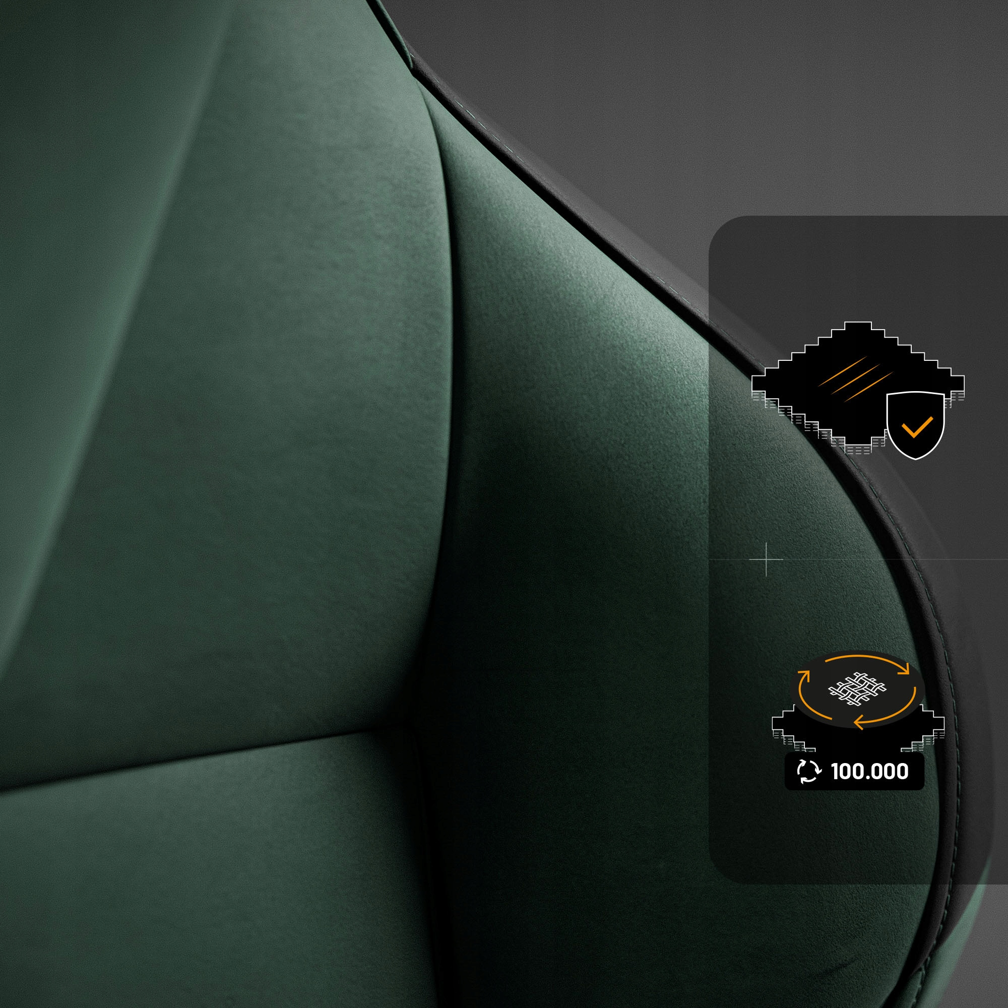 Zbliżenie ciemnozielonej tkaniny. Ikony ze znacznikami wyboru, strzałkami i liczbami na szarym tle.