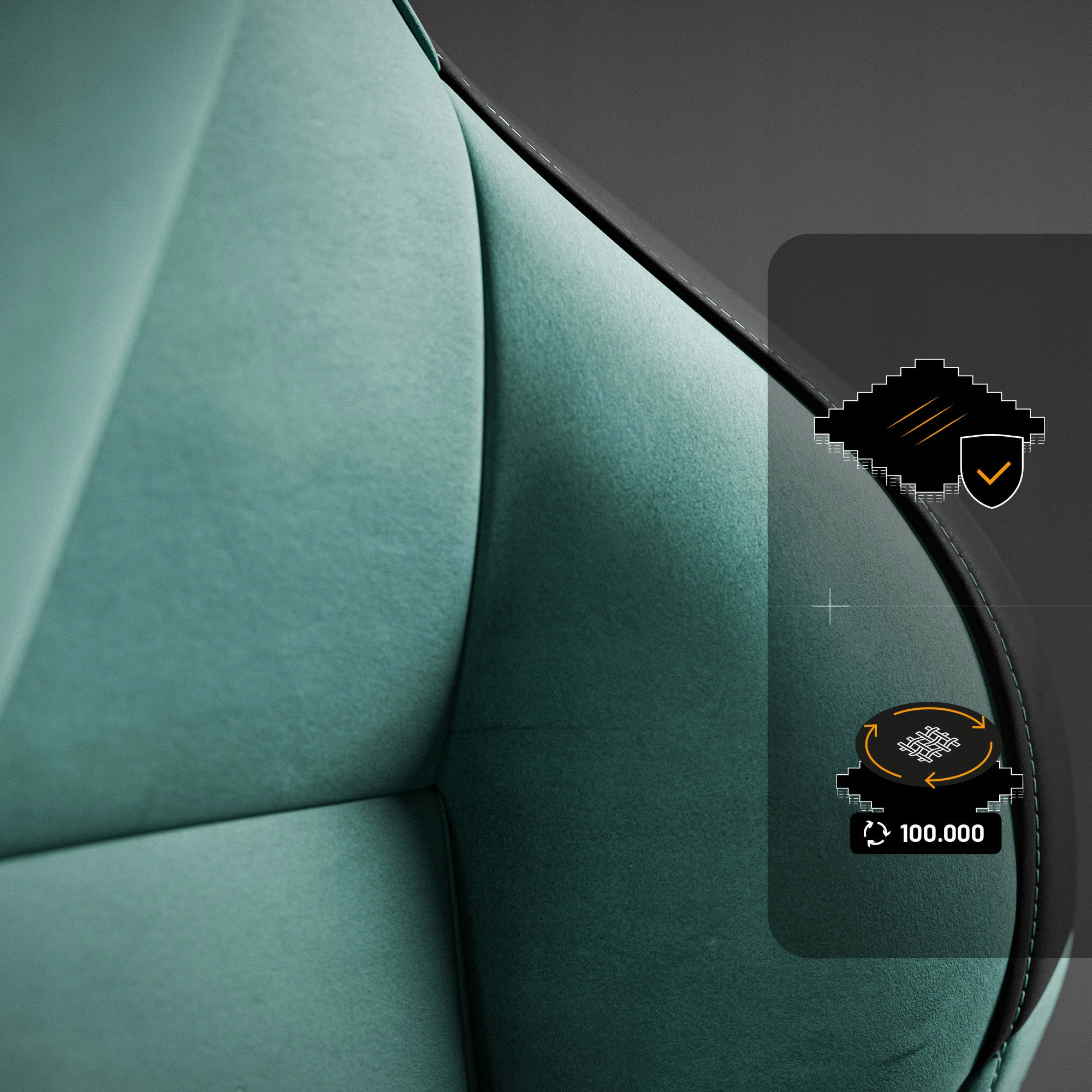 Zbliżenie na tkaninę w kolorze turkusowym z czarną obwódką. Grafika wskazuje jakość i trwałość, z ikoną haczyka.