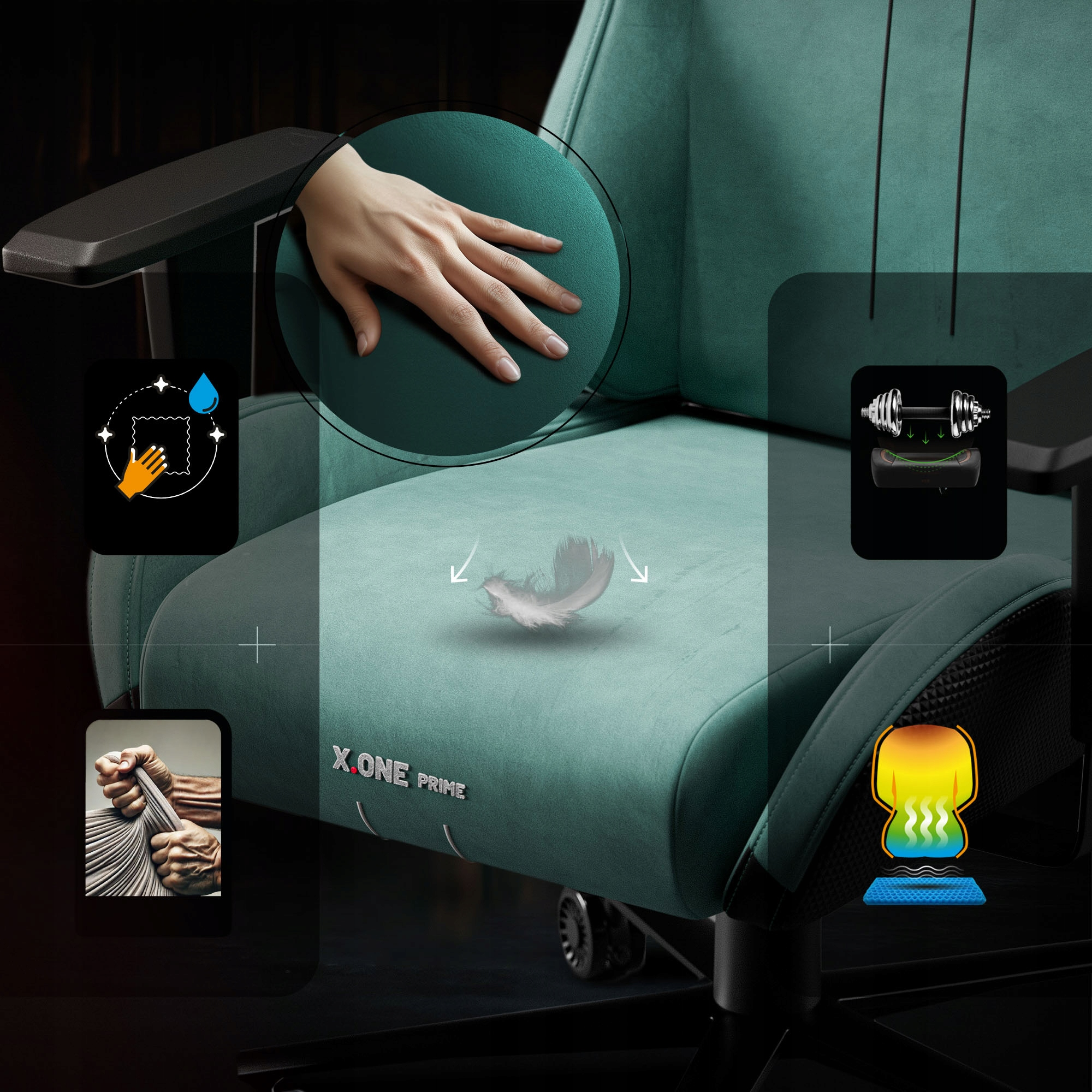 Zielony fotel gamingowy z dłonią dotykającą siedziska, ikony pokazujące funkcje, takie jak czyszczenie, pióro i waga.