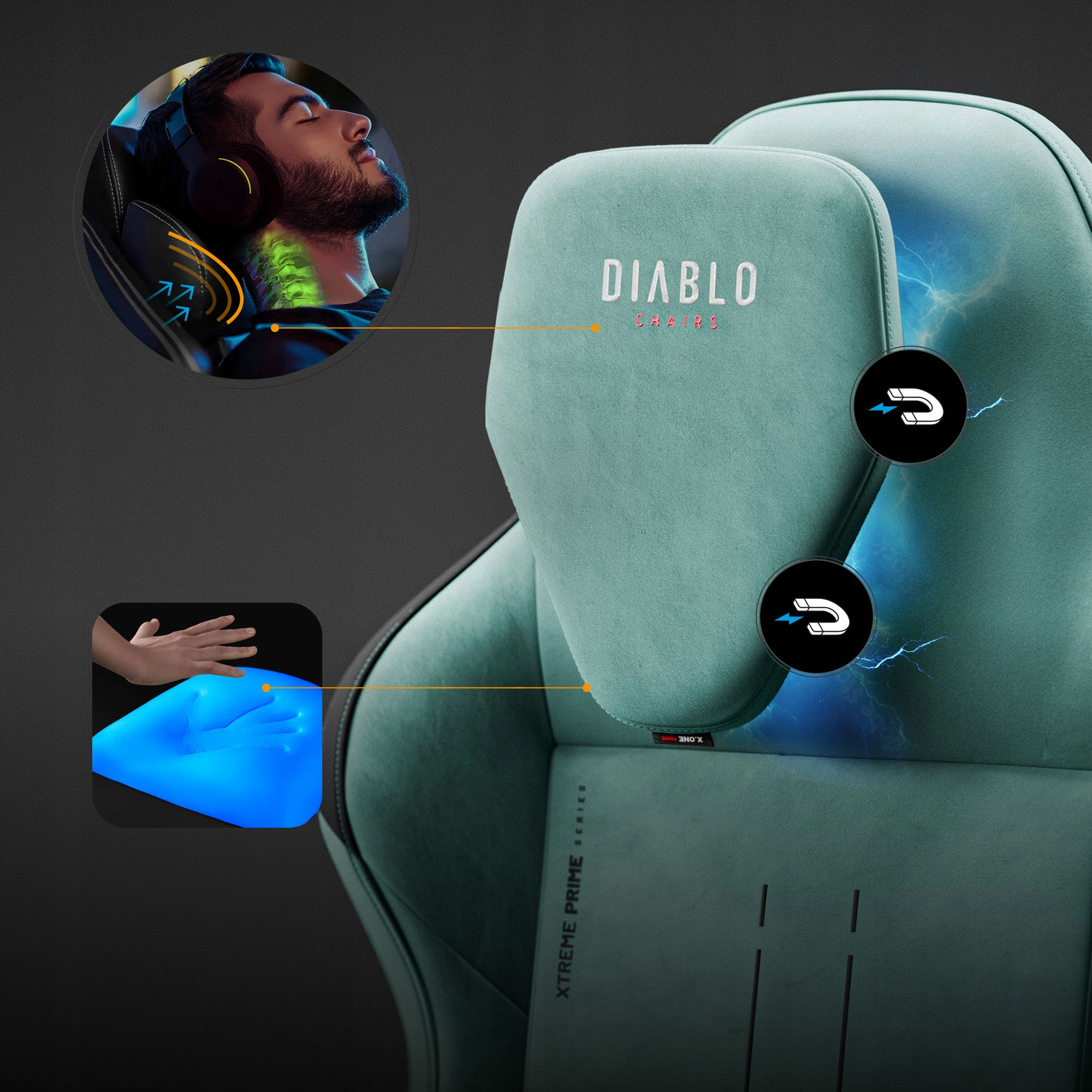 Krzesło do gier z twarzą mężczyzny we wstawce. Widoczna marka Diablo Chairs. Skupienie na podparciu szyi i uldze ciśnieniowej.
