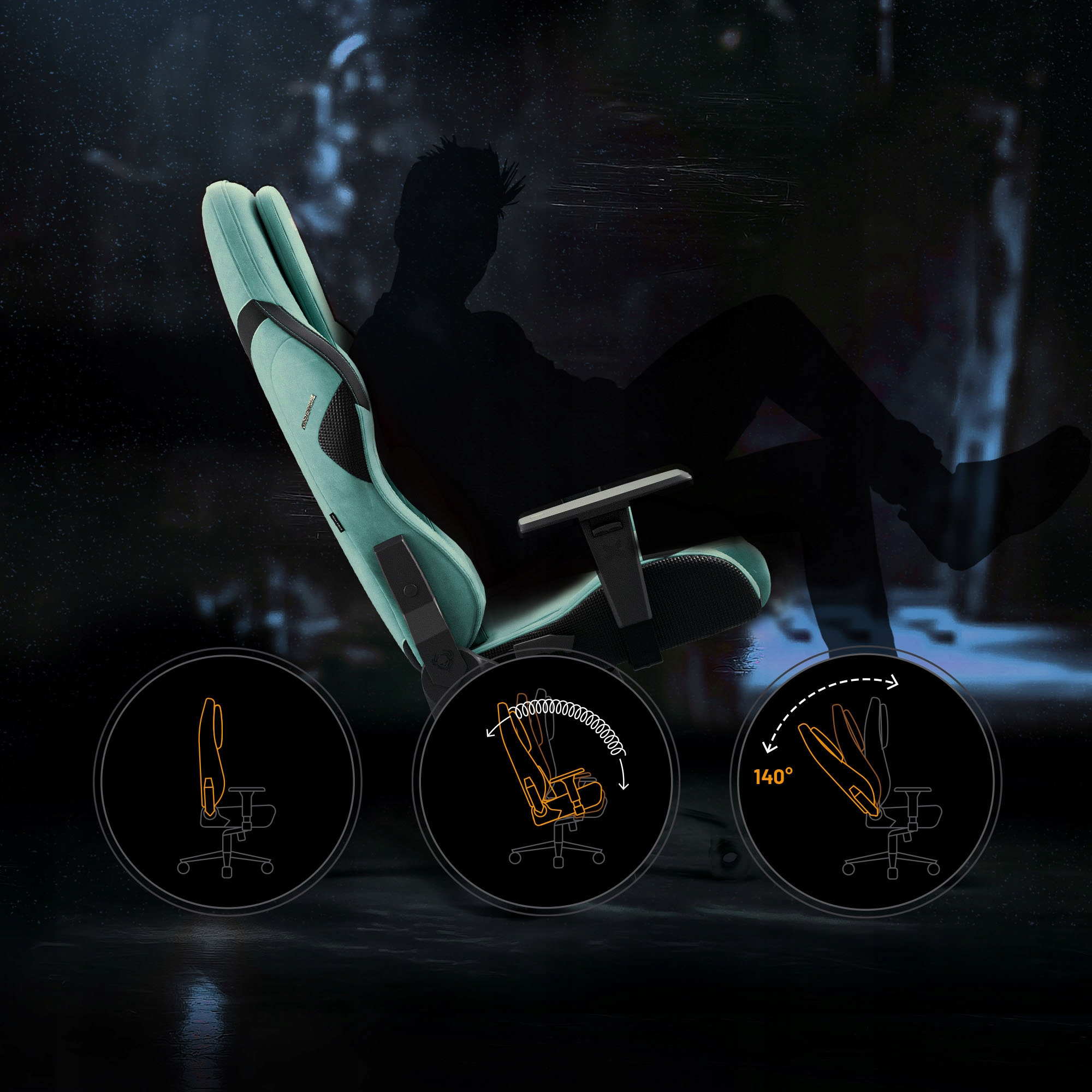Niebiesko-zielony fotel gamingowy z sylwetką osoby w tle. Schematy pokazują regulacje fotela.