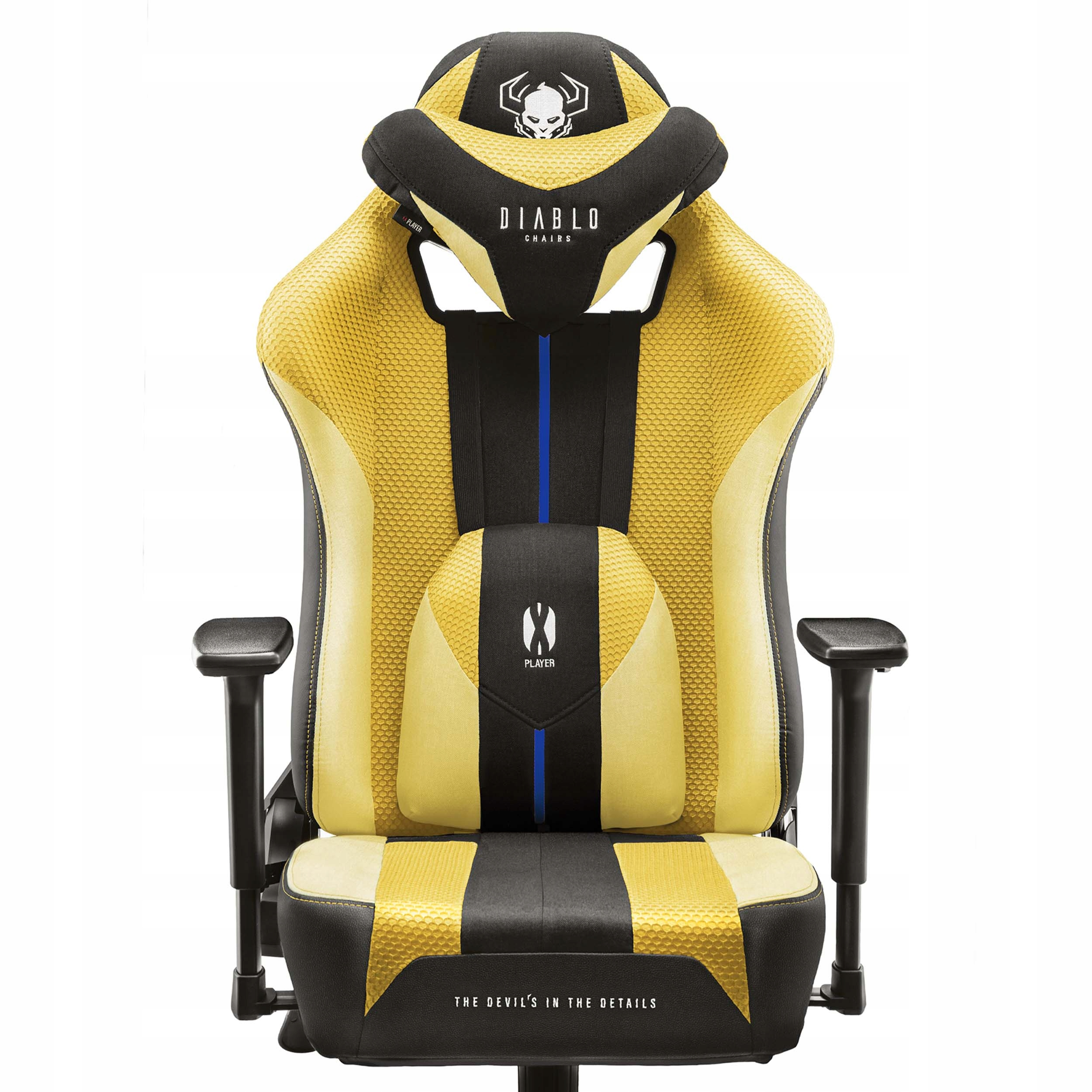Krzesło gamingowe w żółto-czarnej kolorystyce, z logo Diablo i napisem 'The Devil's in the Details'.