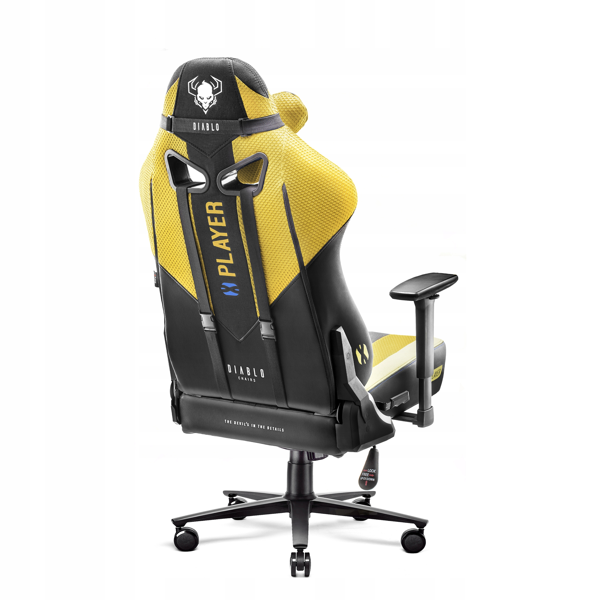 Żółto-czarny fotel do gier. Z tyłu logo Diablo i napis PLAYER. Krzesło stoi na czarnej podstawie.