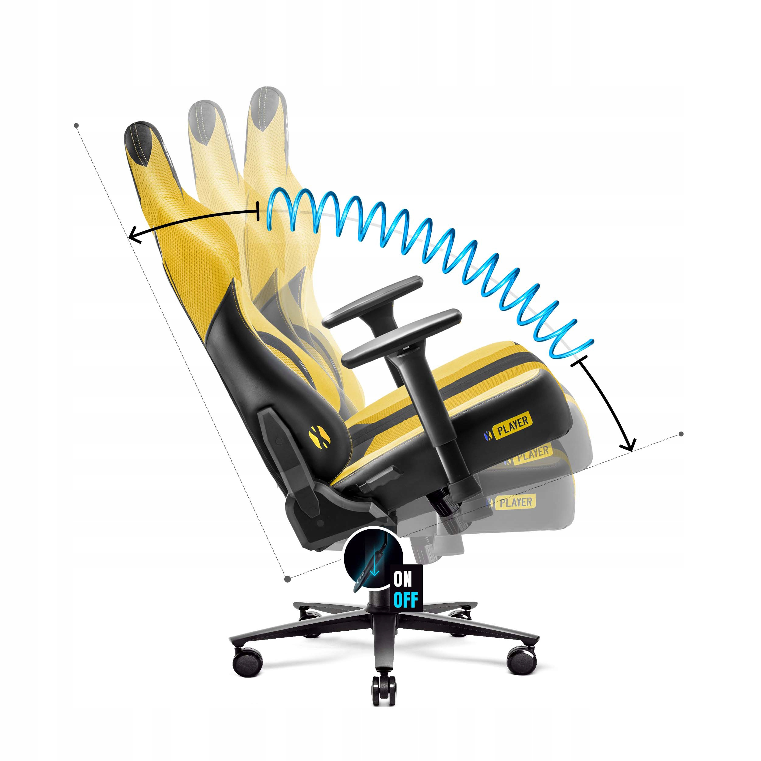 Krzesło do gier w kolorze żółtym i czarnym, pokazane w ruchu. Krzesło ma kółka i podłokietniki. Tło jest białe.